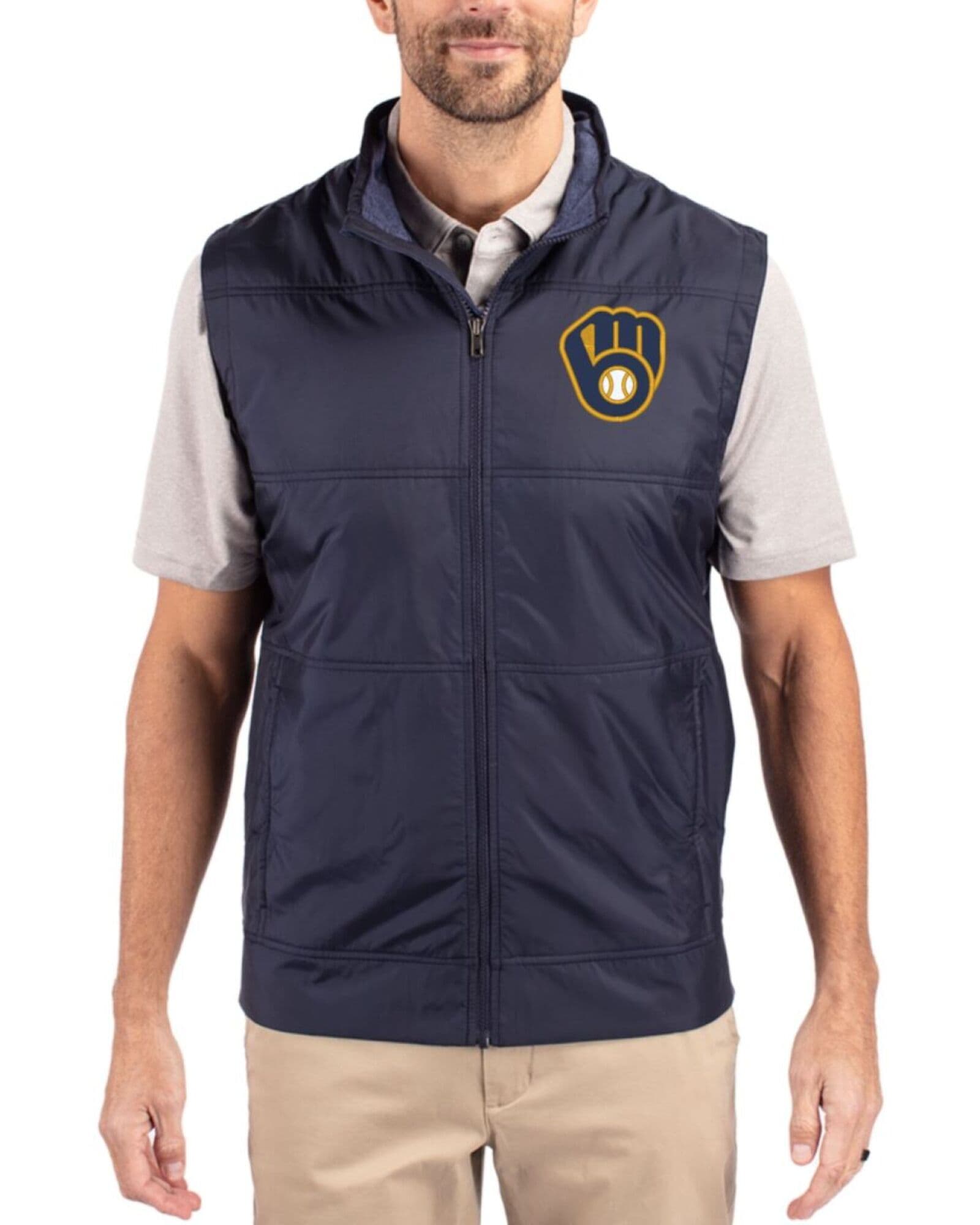 Men's Milwaukee Brewers Cutter & Buck Liberty Navy Stealth Hybrid Quilted Windbreaker Vest