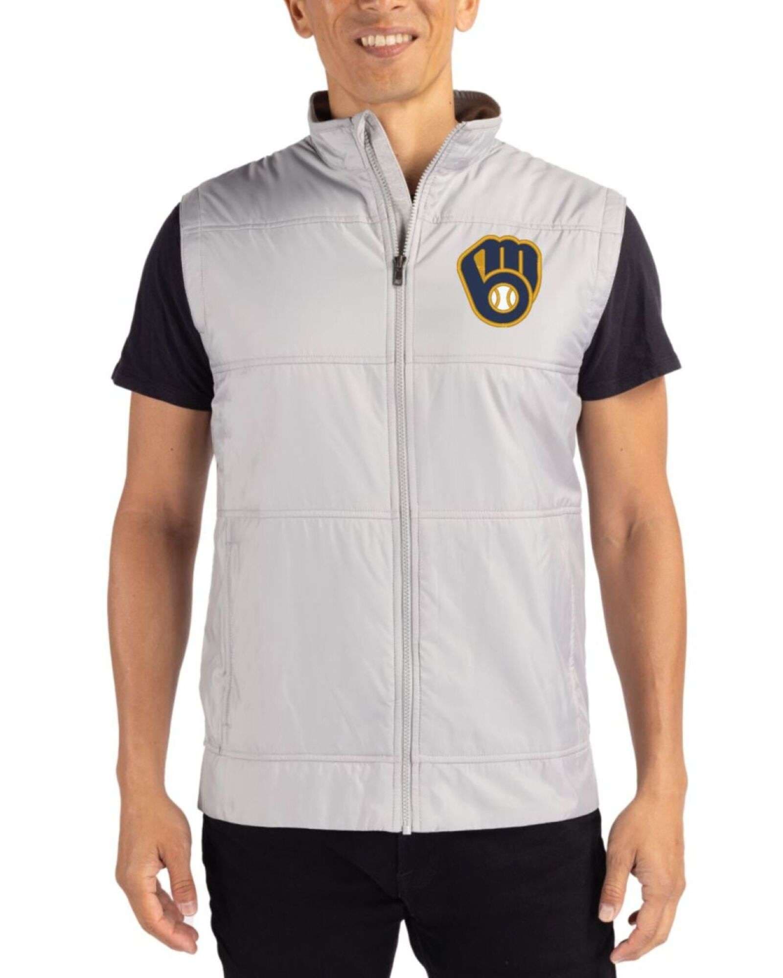Men's Milwaukee Brewers Cutter & Buck Polished Stealth Hybrid Quilted Windbreaker Vest