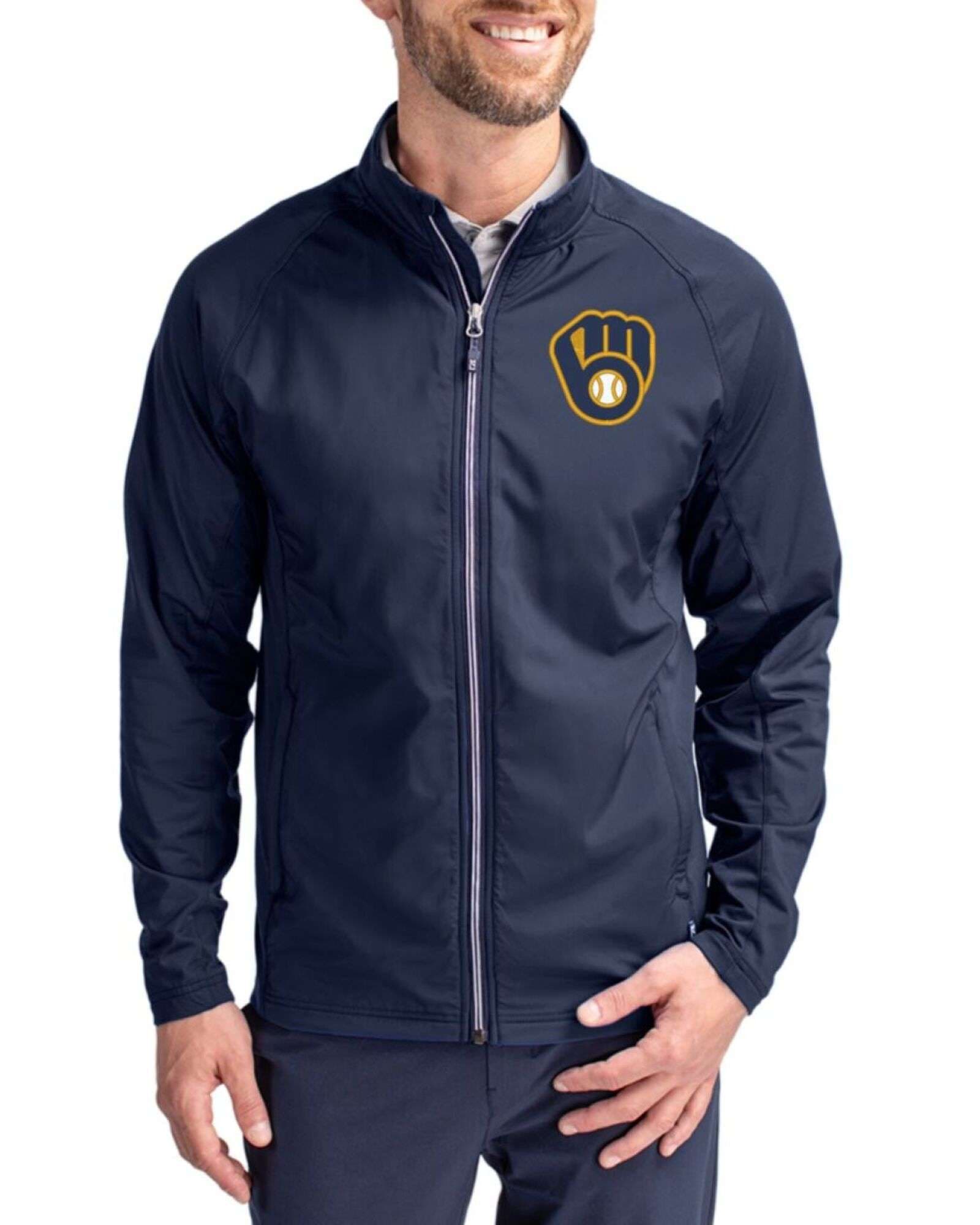 Men's Milwaukee Brewers Cutter & Buck Navy Blue Adapt Soft Knit Stretch Hybrid Full Zip Jacket