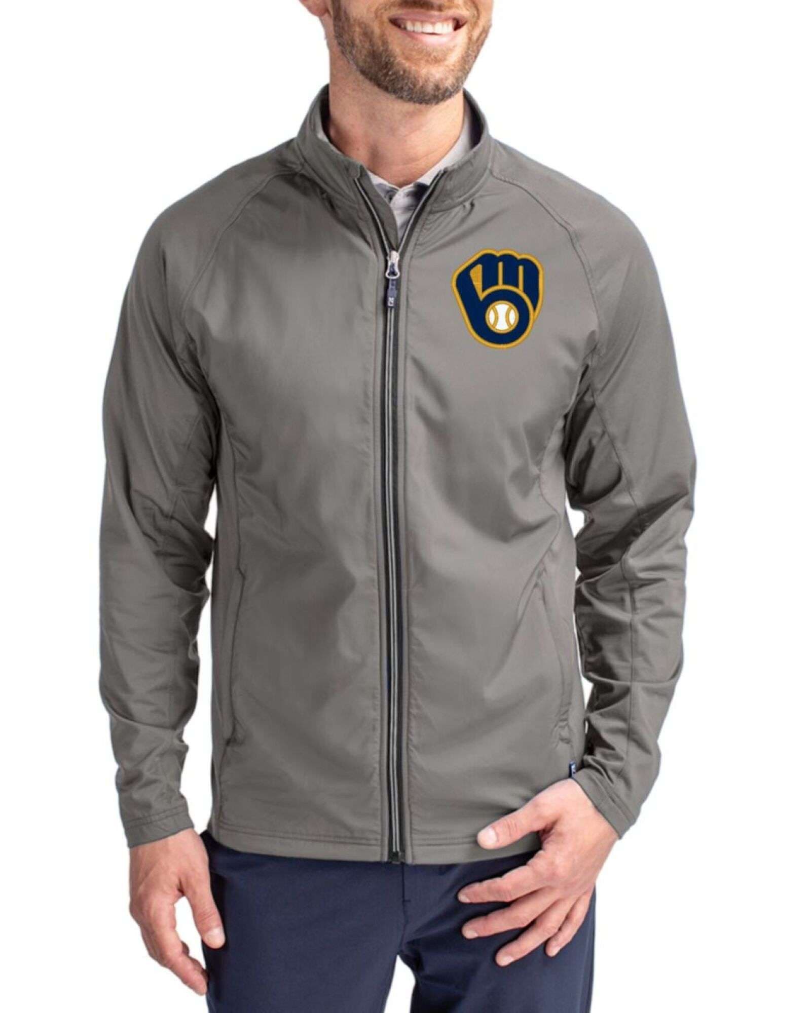 Men's Milwaukee Brewers Cutter & Buck Elemental Grey Adapt Soft Knit Stretch Hybrid Full Zip Jacket