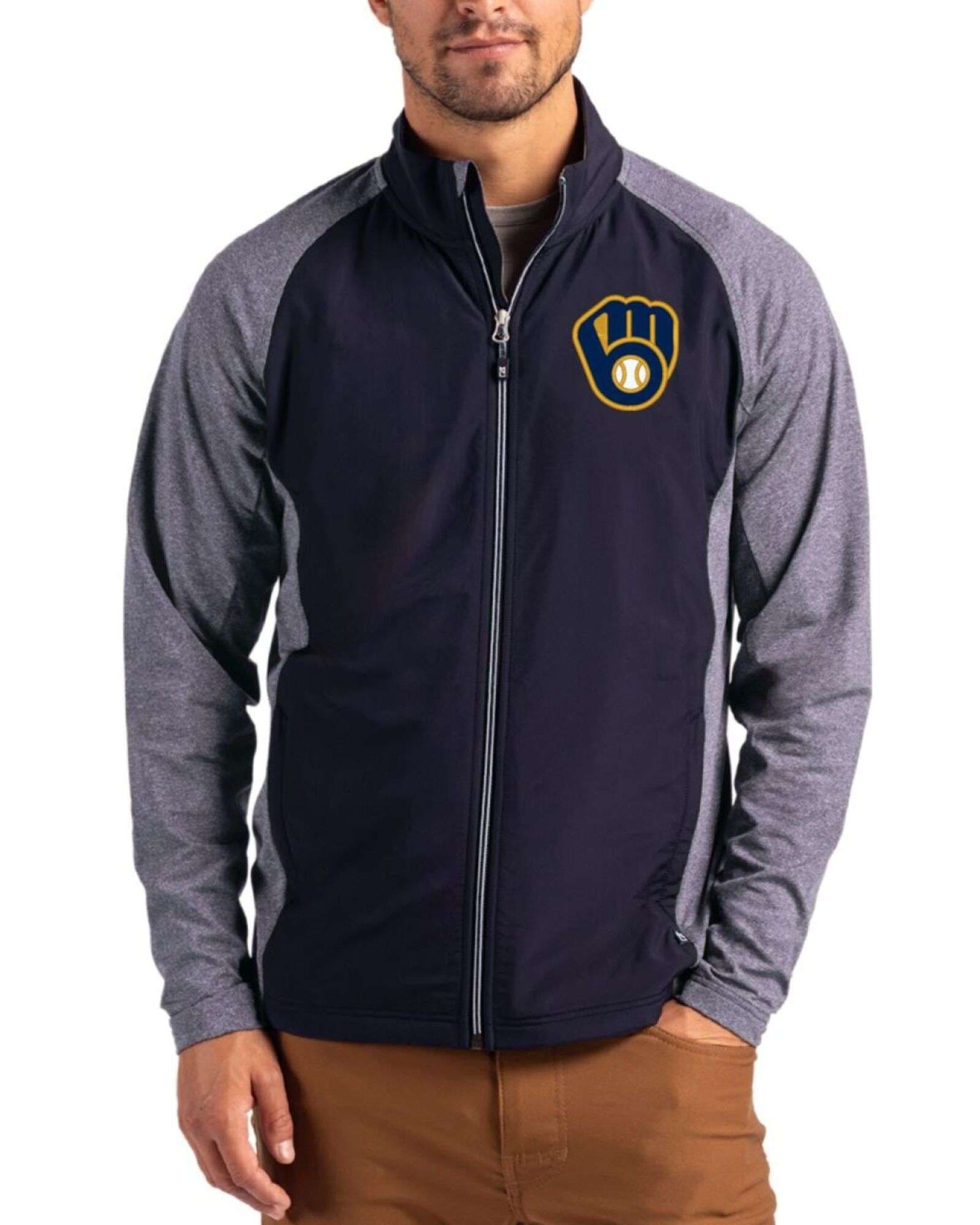 Men's Milwaukee Brewers Cutter & Buck Navy Blue Heather/Navy Blue Adapt Soft Knit Stretch Hybrid Full Zip Jacket