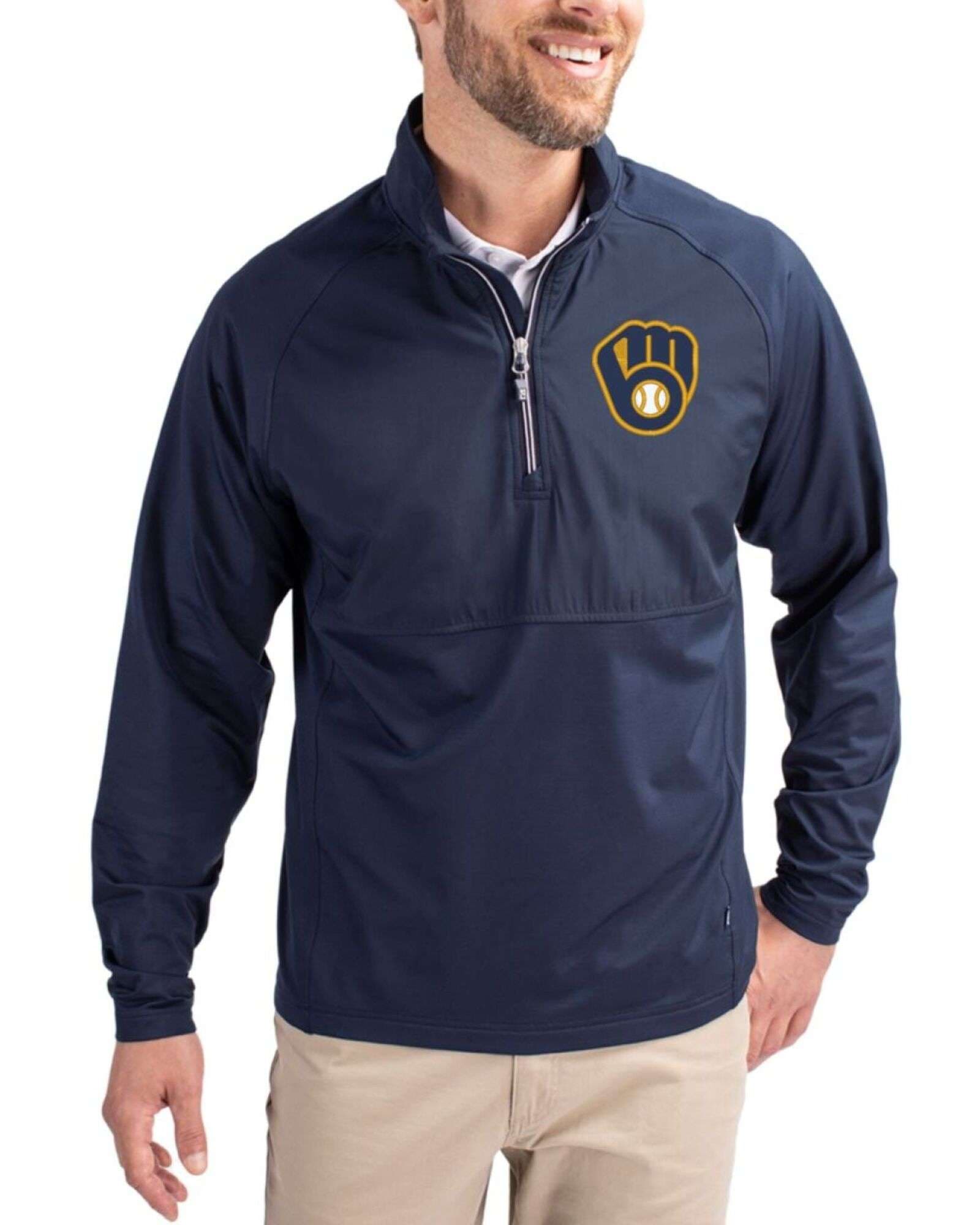 Men's Milwaukee Brewers Cutter & Buck Navy Blue Adapt Soft Knit Stretch Hybrid Quarter Zip Pullover