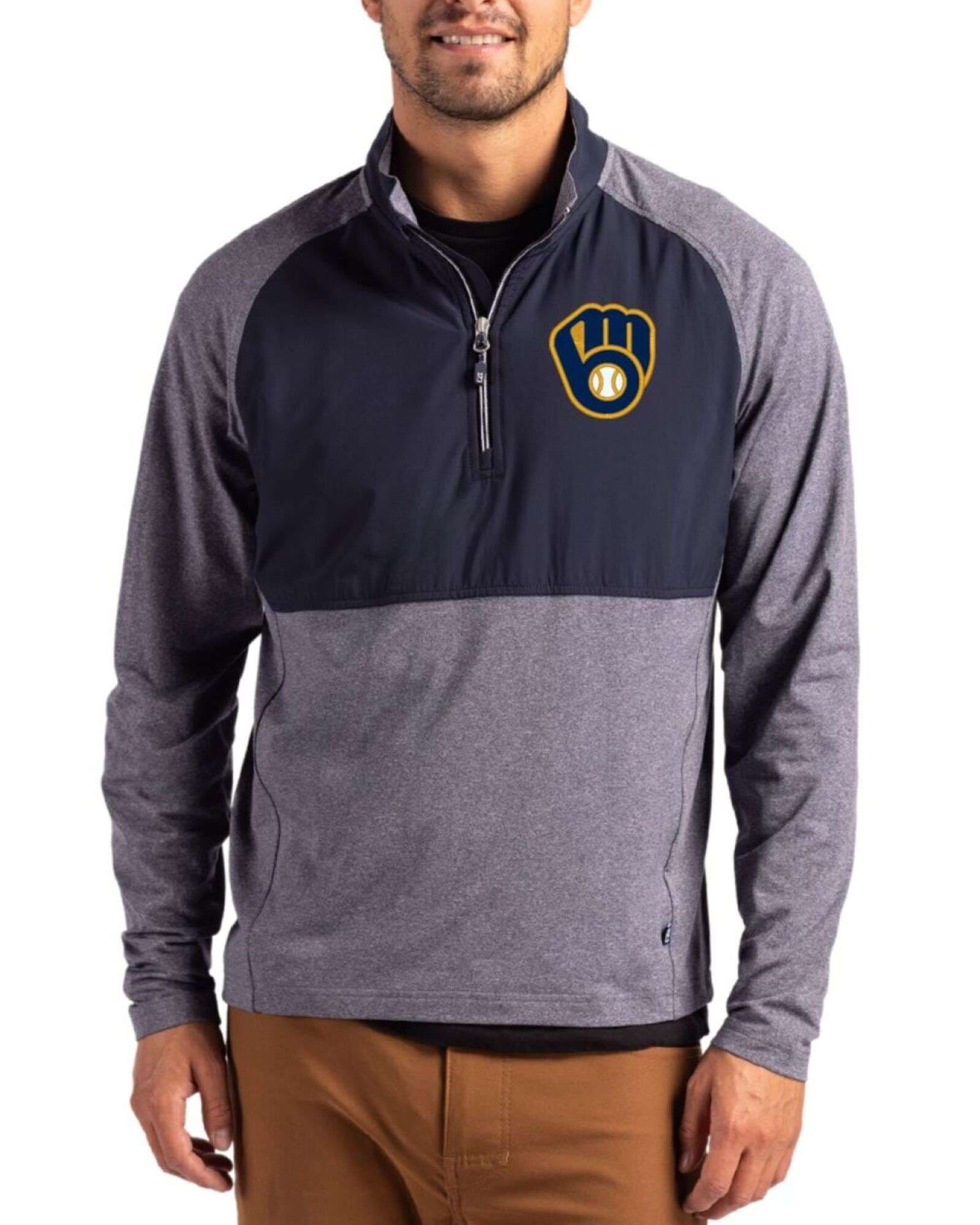 Men's Milwaukee Brewers Cutter & Buck Navy Blue Heather/Navy Blue Adapt Soft Knit Stretch Hybrid Quarter Zip Pullover