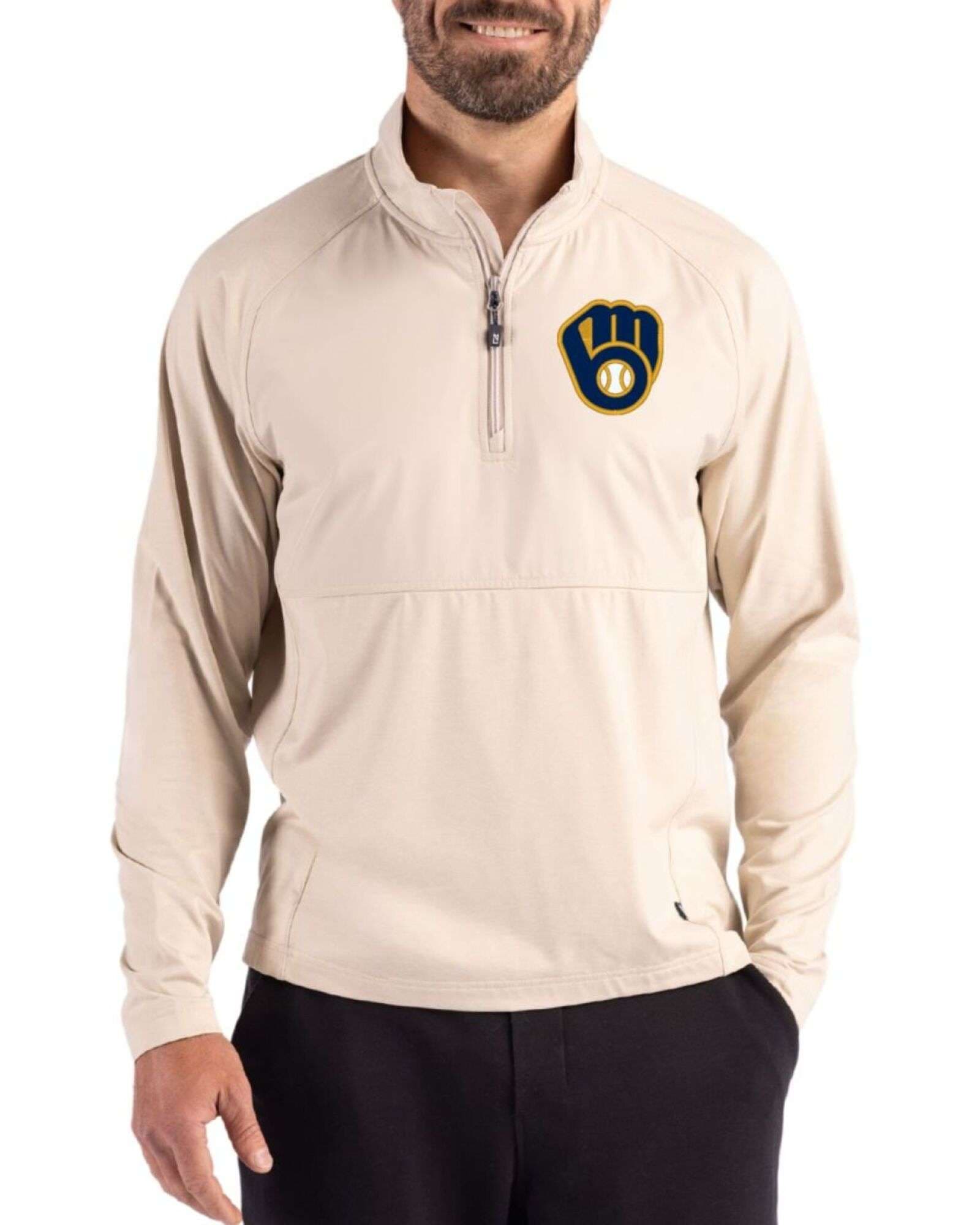 Men's Milwaukee Brewers Cutter & Buck Wheat Heather Adapt Soft Knit Stretch Hybrid Quarter Zip Pullover