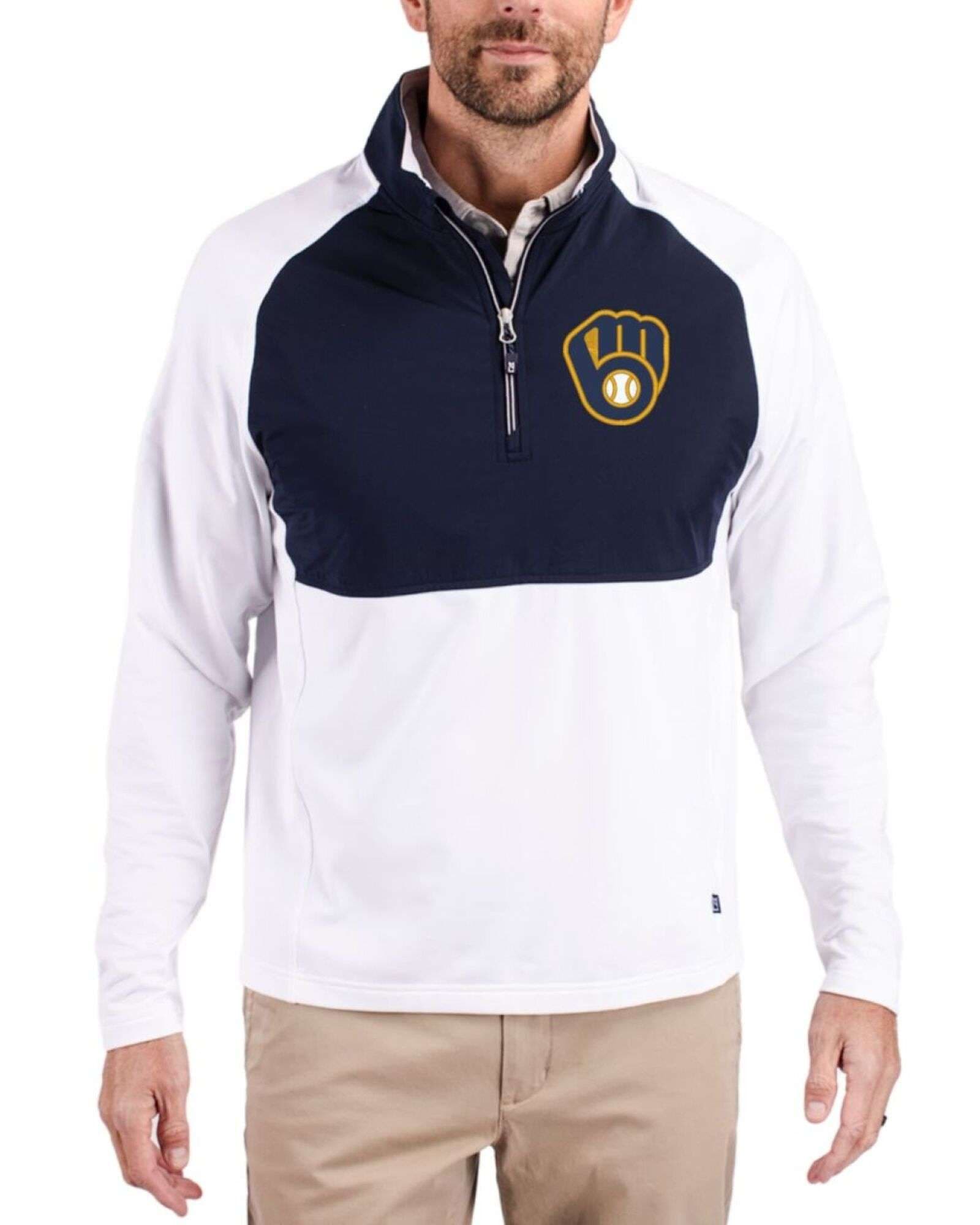 Men's Milwaukee Brewers Cutter & Buck White/Navy Blue Adapt Soft Knit Stretch Hybrid Quarter Zip Pullover