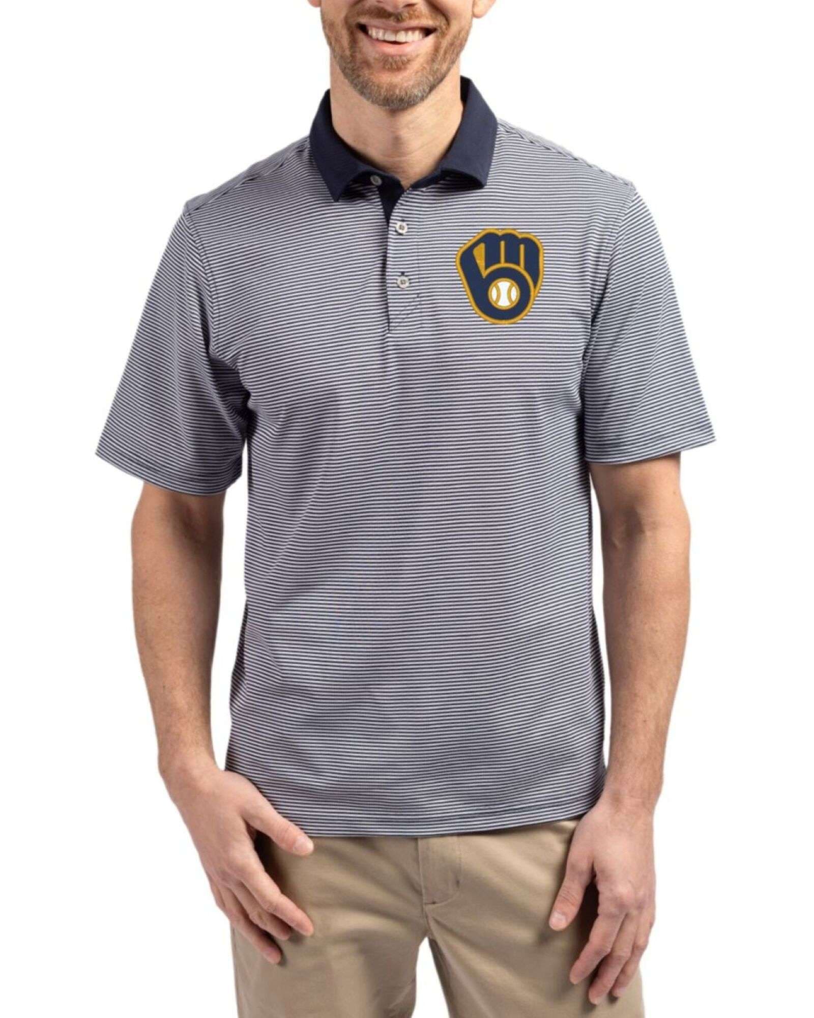 Men's Milwaukee Brewers Cutter & Buck Navy Blue/White Virtue Micro Stripe Featherlight Pique Polo