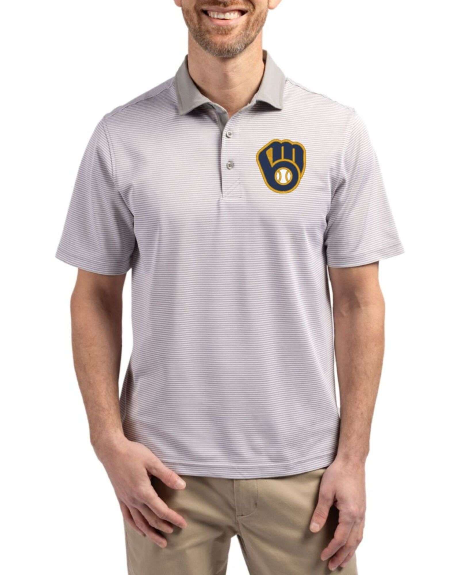 Men's Milwaukee Brewers Cutter & Buck Polished/White Virtue Micro Stripe Featherlight Pique Polo