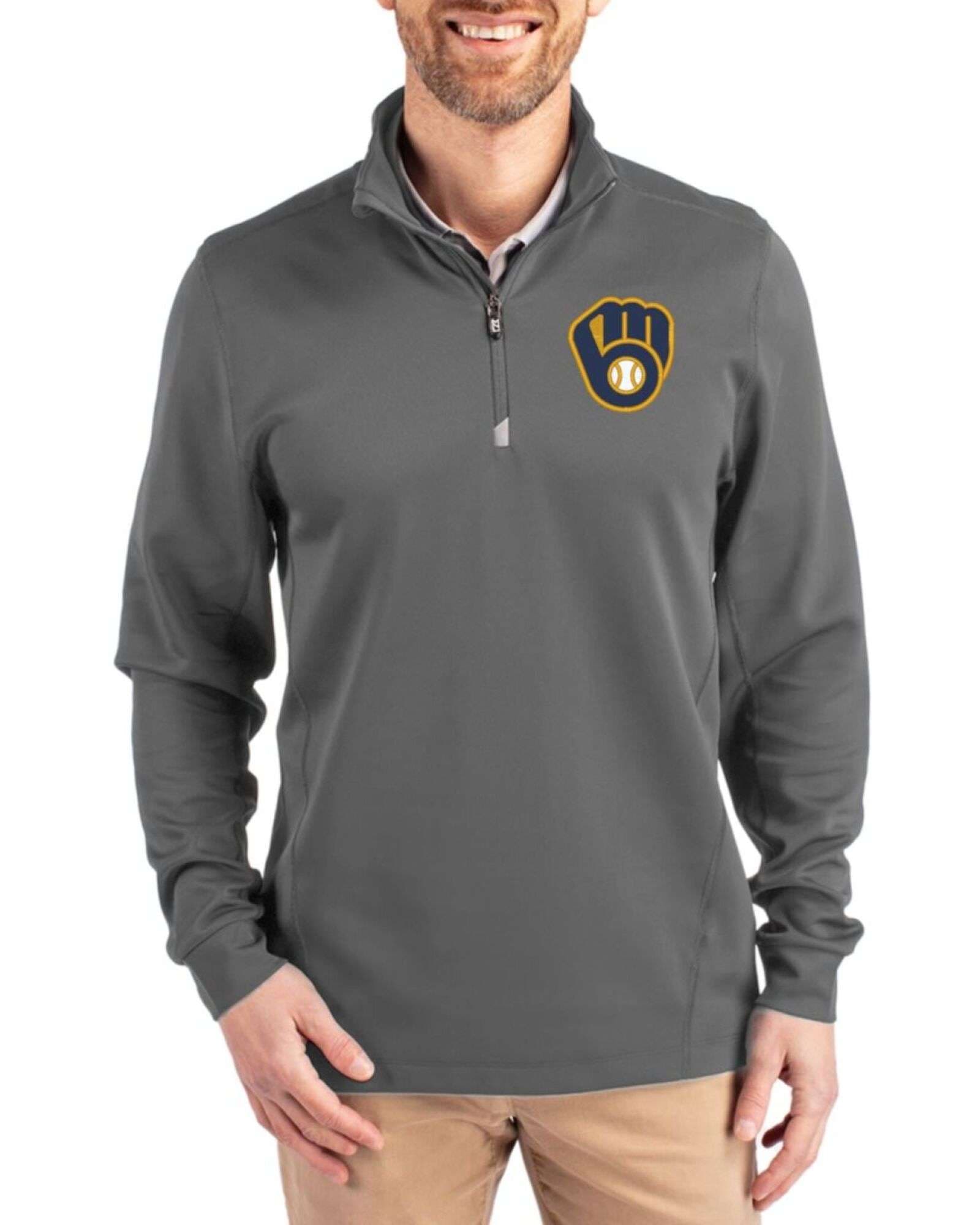 Men's Milwaukee Brewers Cutter & Buck Elemental Grey Traverse Stretch Quarter Zip