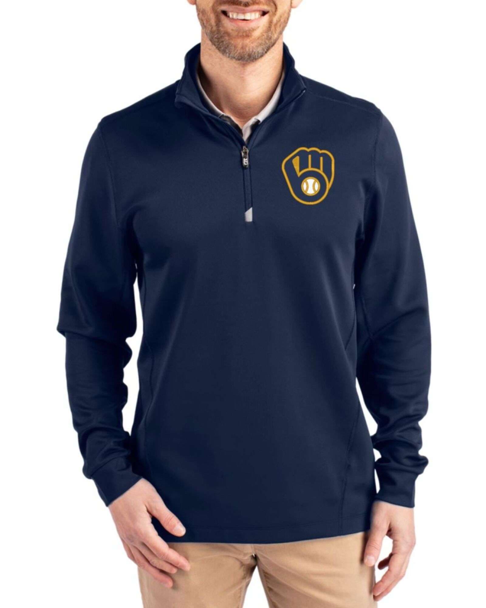 Men's Milwaukee Brewers Cutter & Buck Liberty Navy Traverse Stretch Quarter Zip