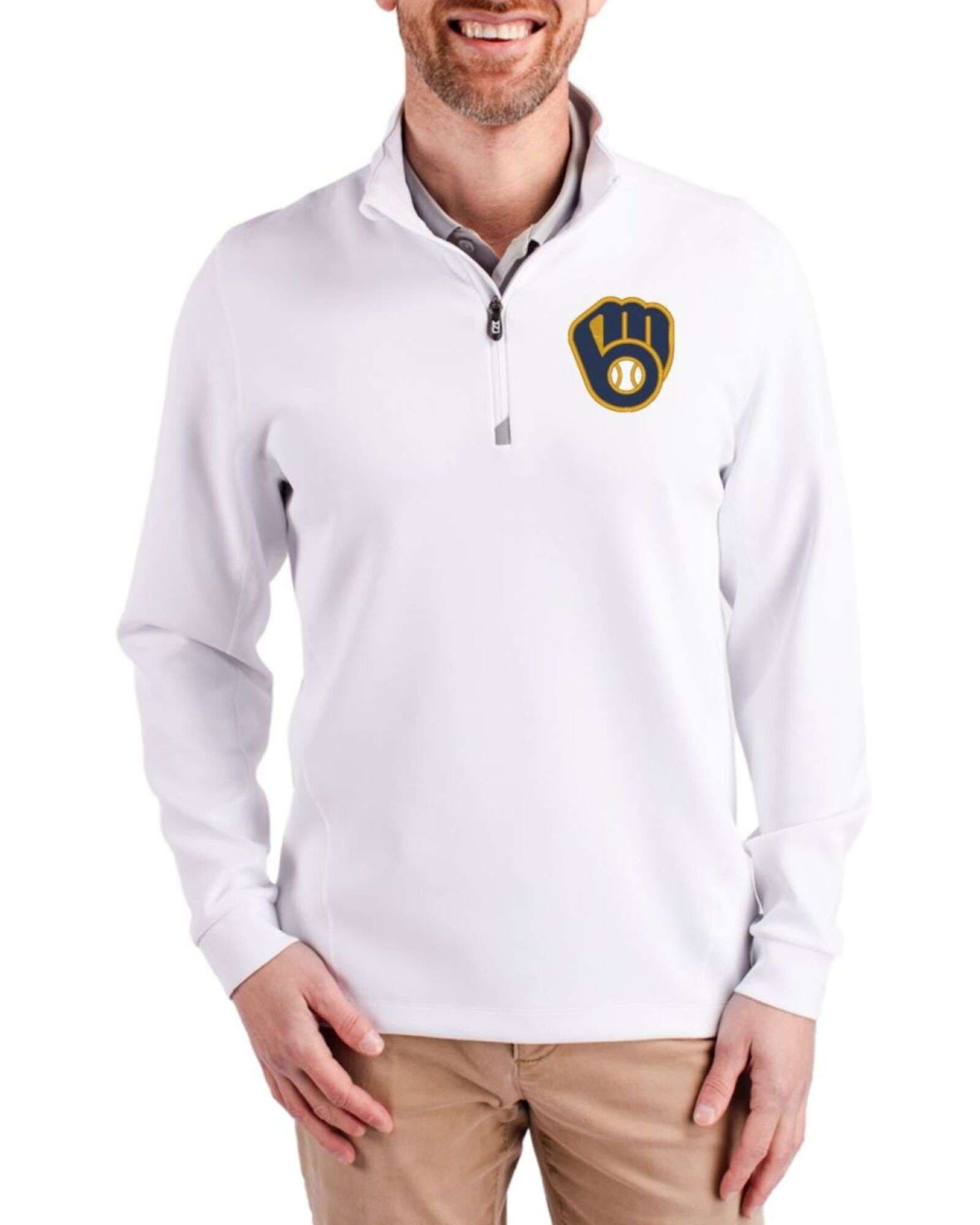Men's Milwaukee Brewers Cutter & Buck White Traverse Stretch Quarter Zip