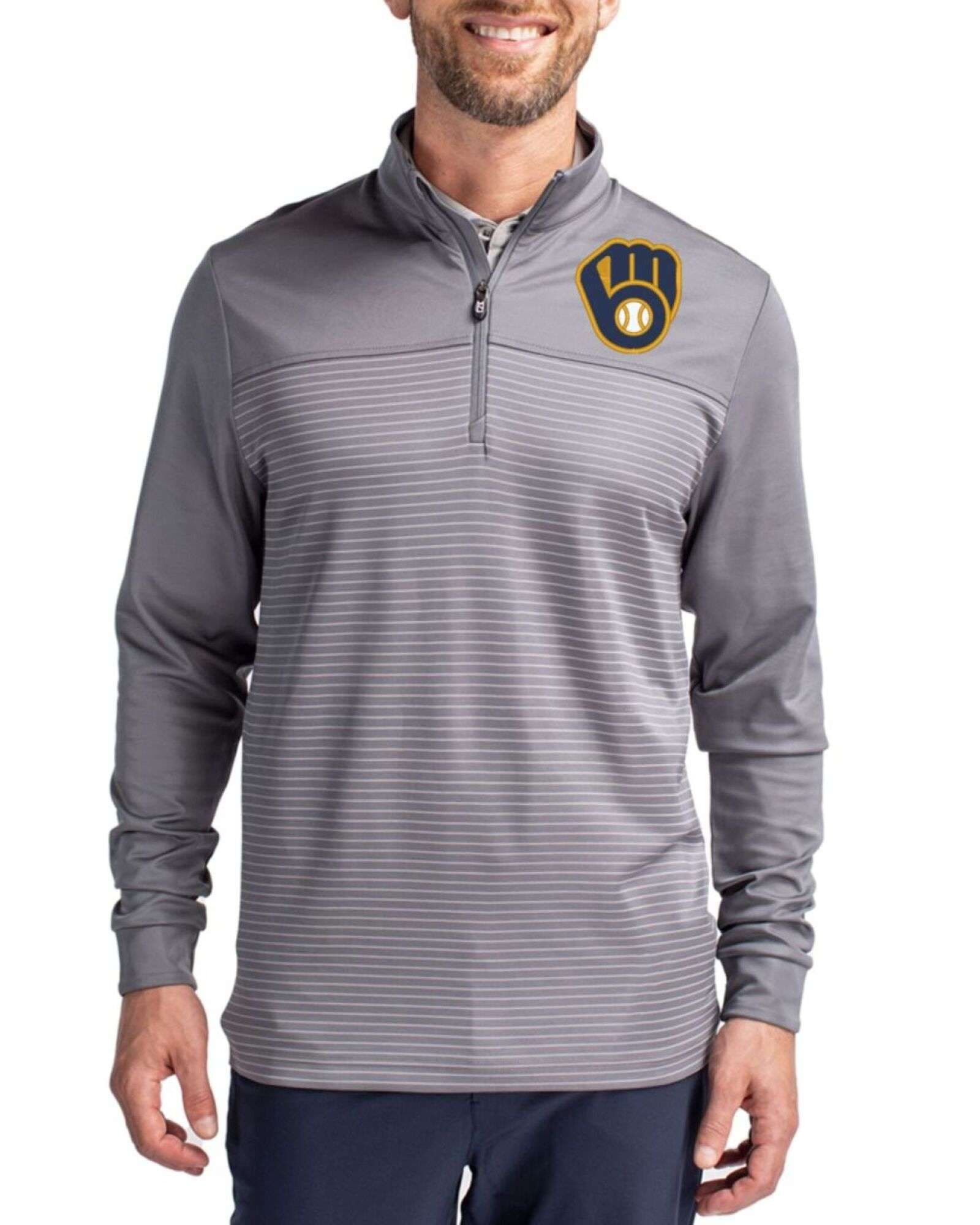 Men's Milwaukee Brewers Cutter & Buck Elemental Grey Traverse Stretch Stripe Quarter Zip