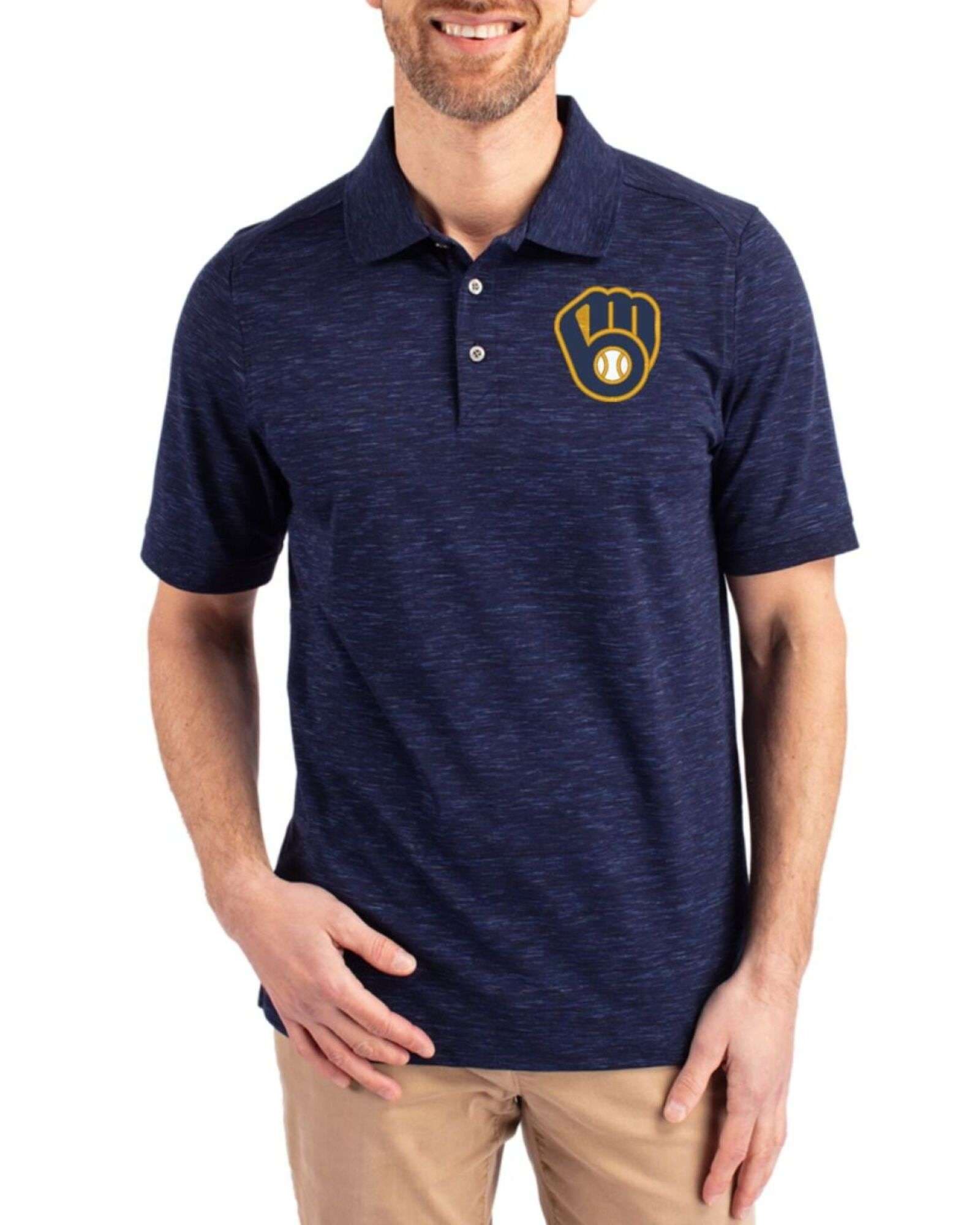 Men's Milwaukee Brewers Cutter & Buck Dark Liberty Navy Advantage Tri-Blend Pique Polo