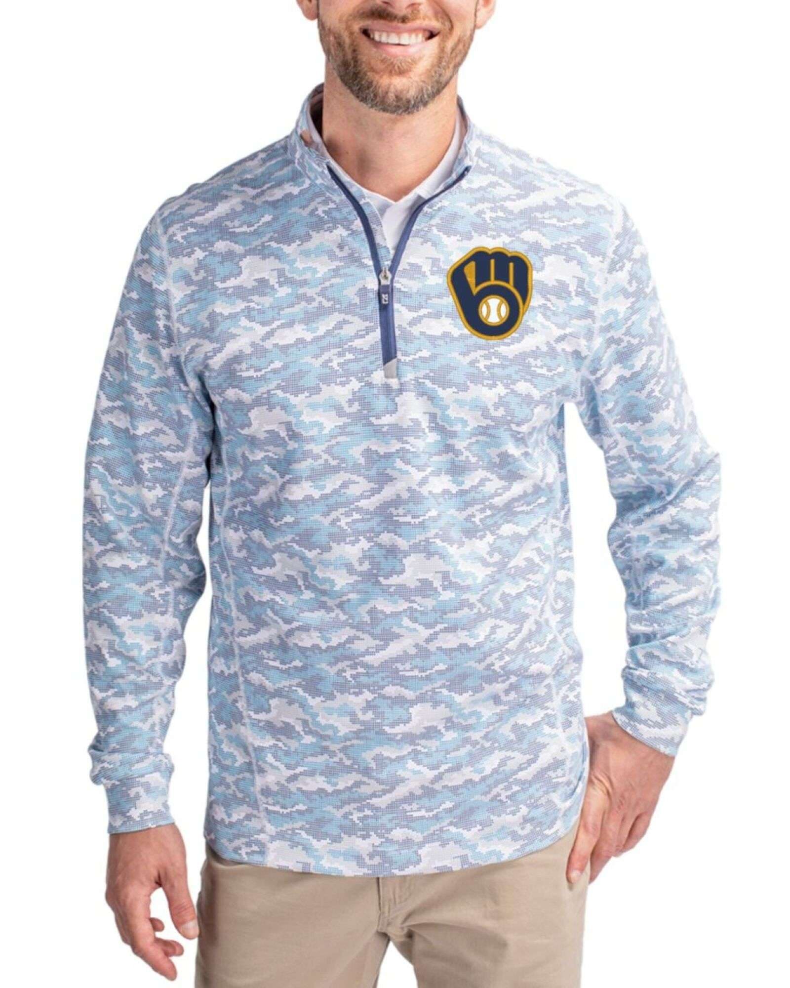 Men's Milwaukee Brewers Cutter & Buck Indigo Traverse Stretch Camo Print Quarter Zip