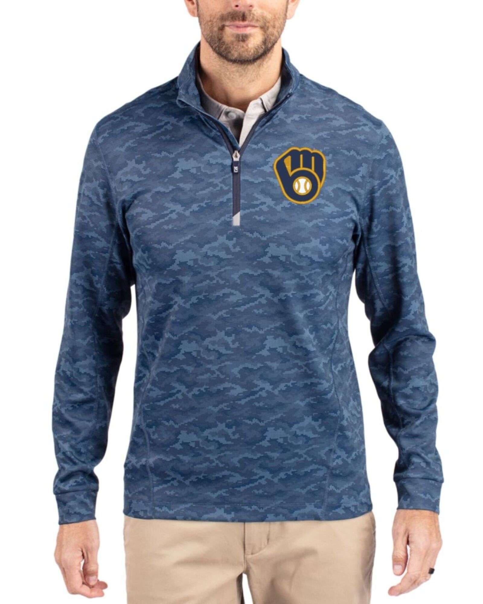 Men's Milwaukee Brewers Cutter & Buck Navy Blue Traverse Stretch Camo Print Quarter Zip
