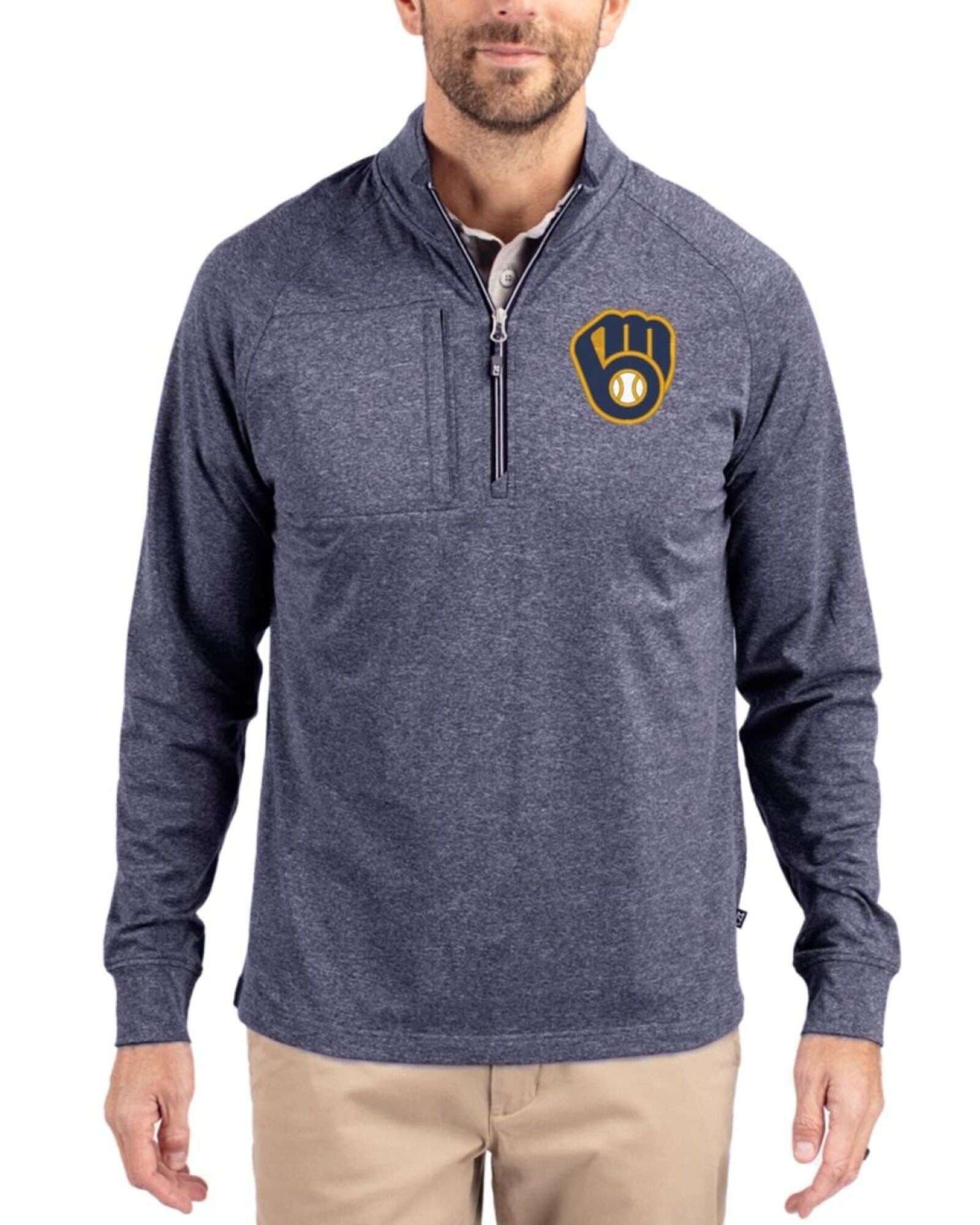 Men's Milwaukee Brewers Cutter & Buck Navy Blue Heather Adapt Soft Knit Stretch Heathered Quarter Zip Pullover