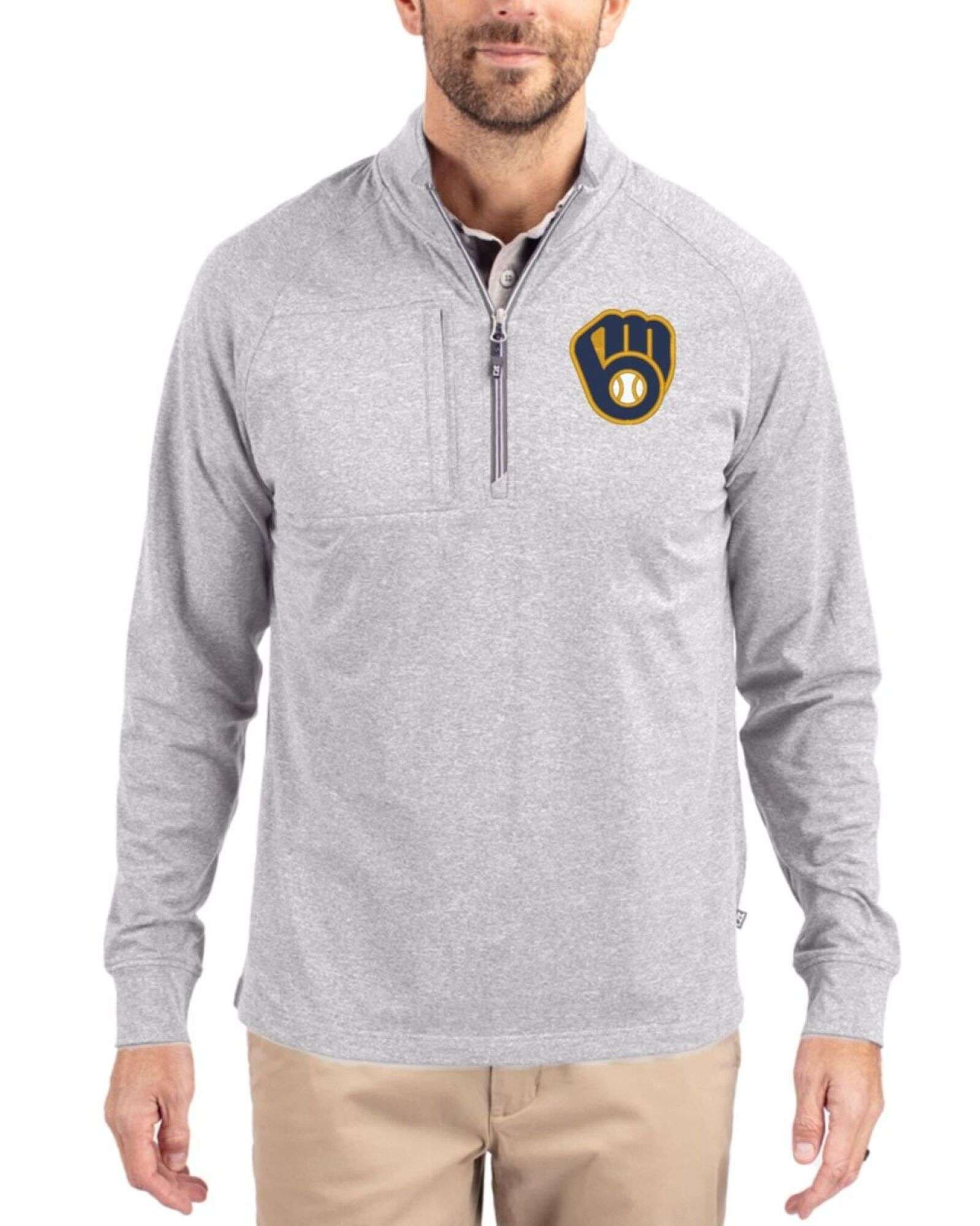 Men's Milwaukee Brewers Cutter & Buck Polished Heather Adapt Soft Knit Stretch Heathered Quarter Zip Pullover
