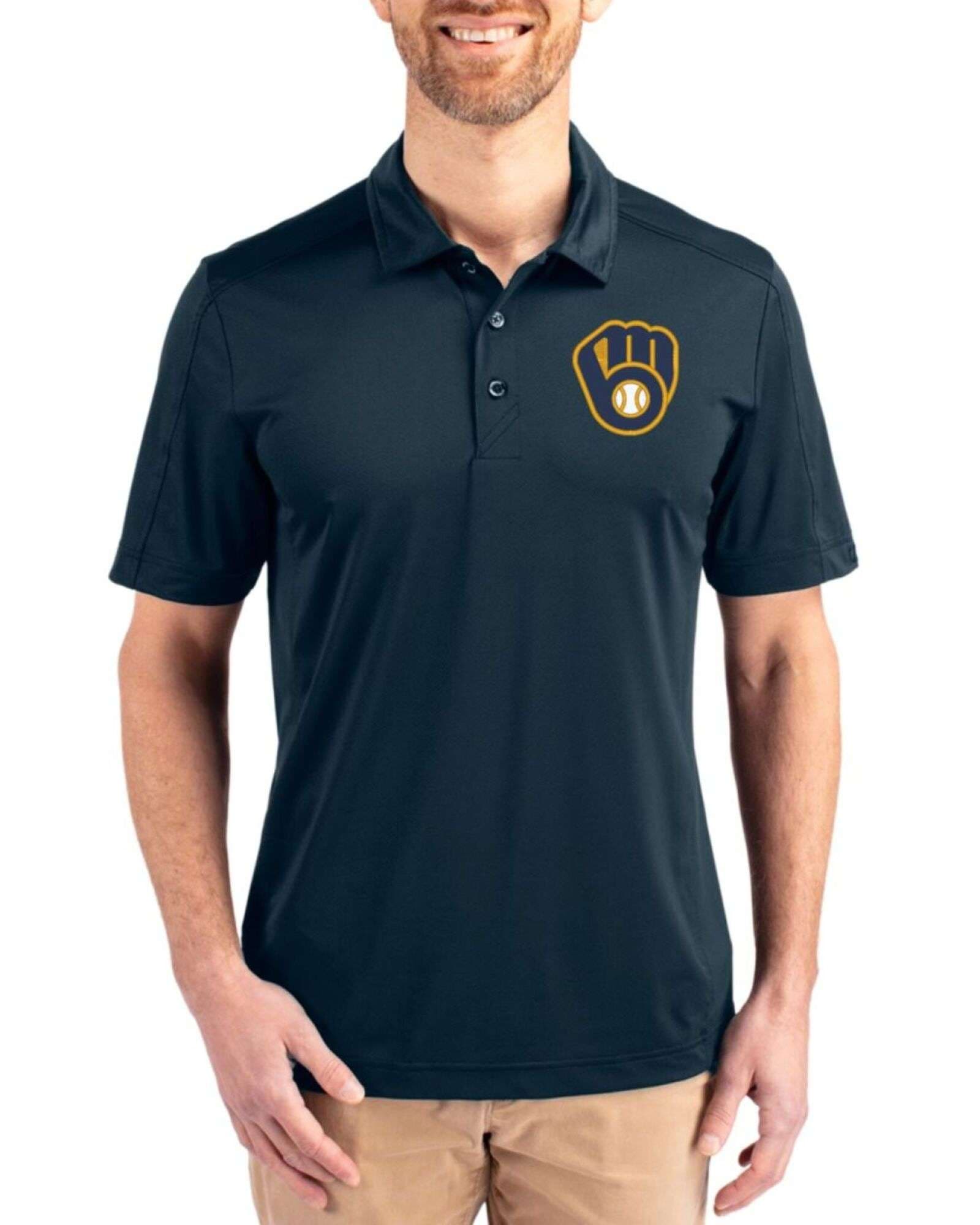 Men's Milwaukee Brewers Cutter & Buck Navy Blue Prospect Featherlight Stretch Polo