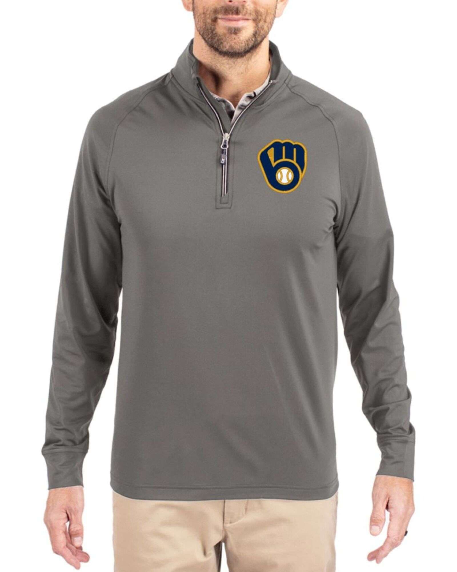 Men's Milwaukee Brewers Cutter & Buck Elemental Grey Adapt Soft Knit Stretch Quarter Zip Pullover