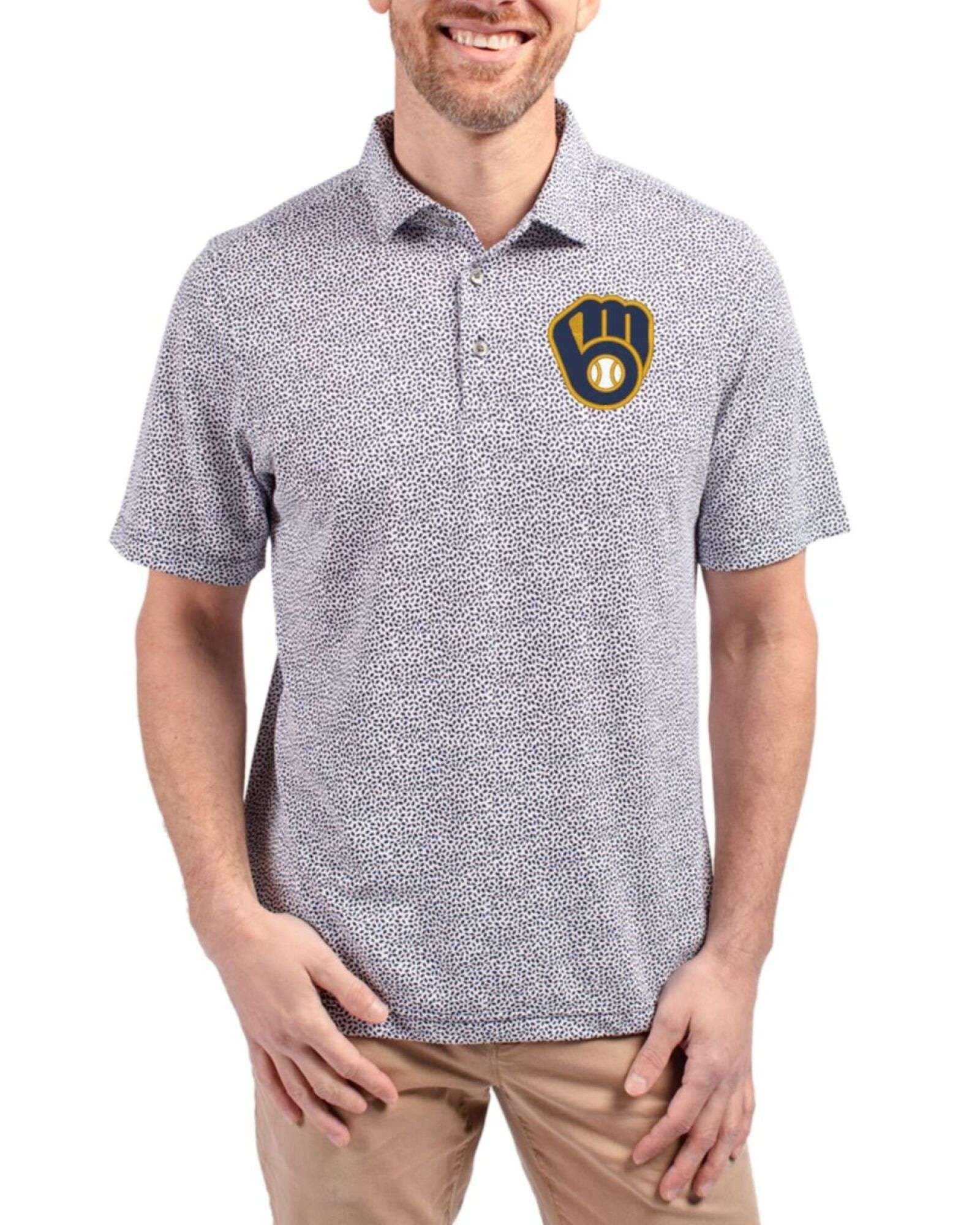 Men's Milwaukee Brewers Cutter & Buck Navy Blue Virtue Botanical Print Featherlight Pique Polo
