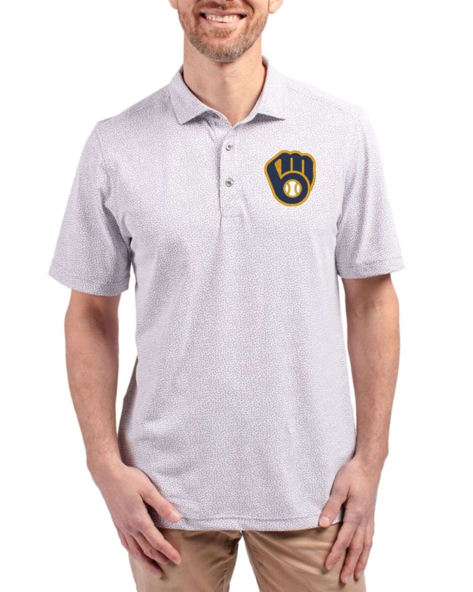 Men's Milwaukee Brewers Cutter & Buck Polished Virtue Botanical Print Featherlight Pique Polo