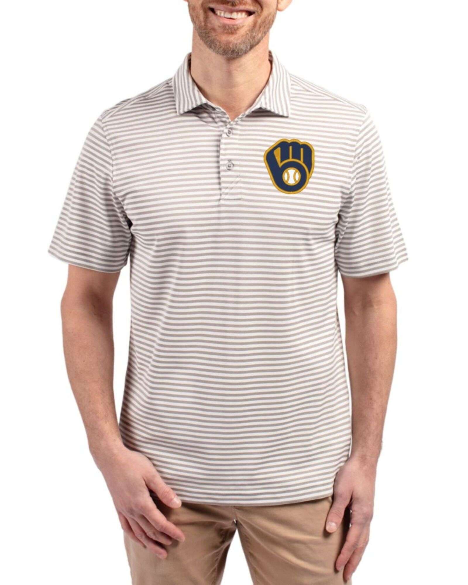 Men's Milwaukee Brewers Cutter & Buck Polished Virtue Stripe Featherlight Pique Polo