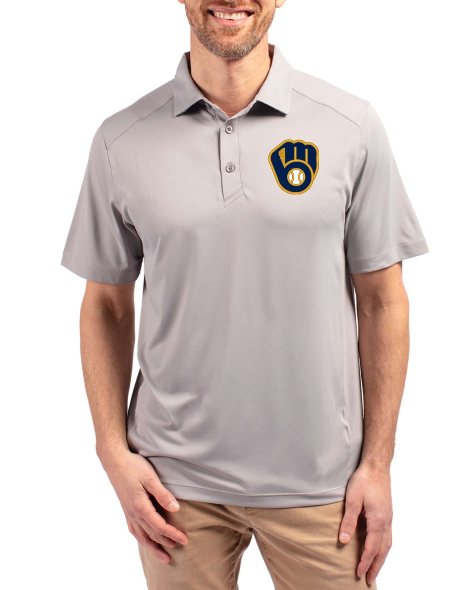 Men's Milwaukee Brewers Cutter & Buck Polished Forge Four-Way Stretch Polo