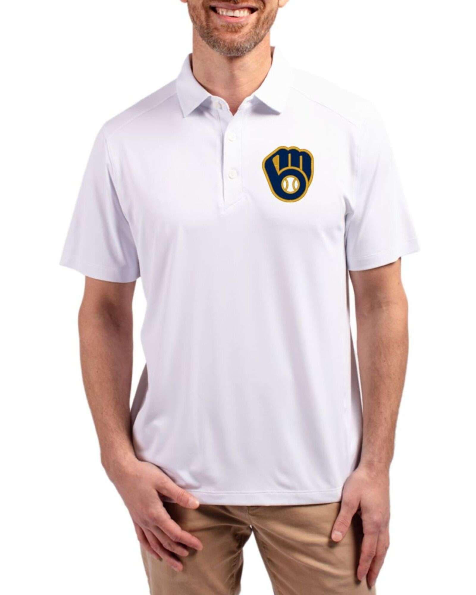 Men's Milwaukee Brewers Cutter & Buck White Forge Four-Way Stretch Polo