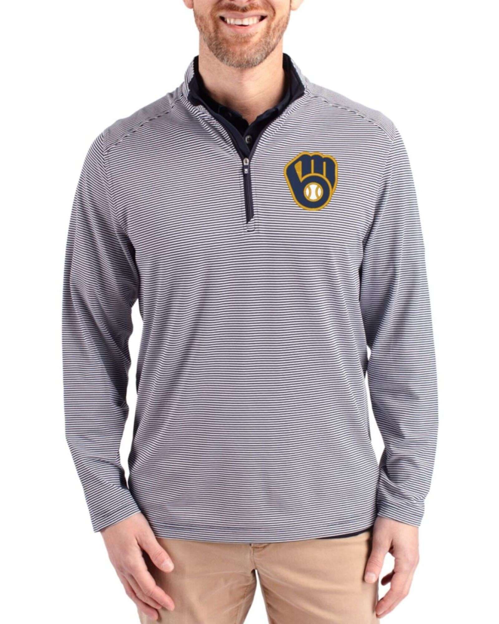 Men's Milwaukee Brewers Cutter & Buck Navy Blue/White Virtue Micro Stripe Featherlight Pique Quarter Zip Pullover