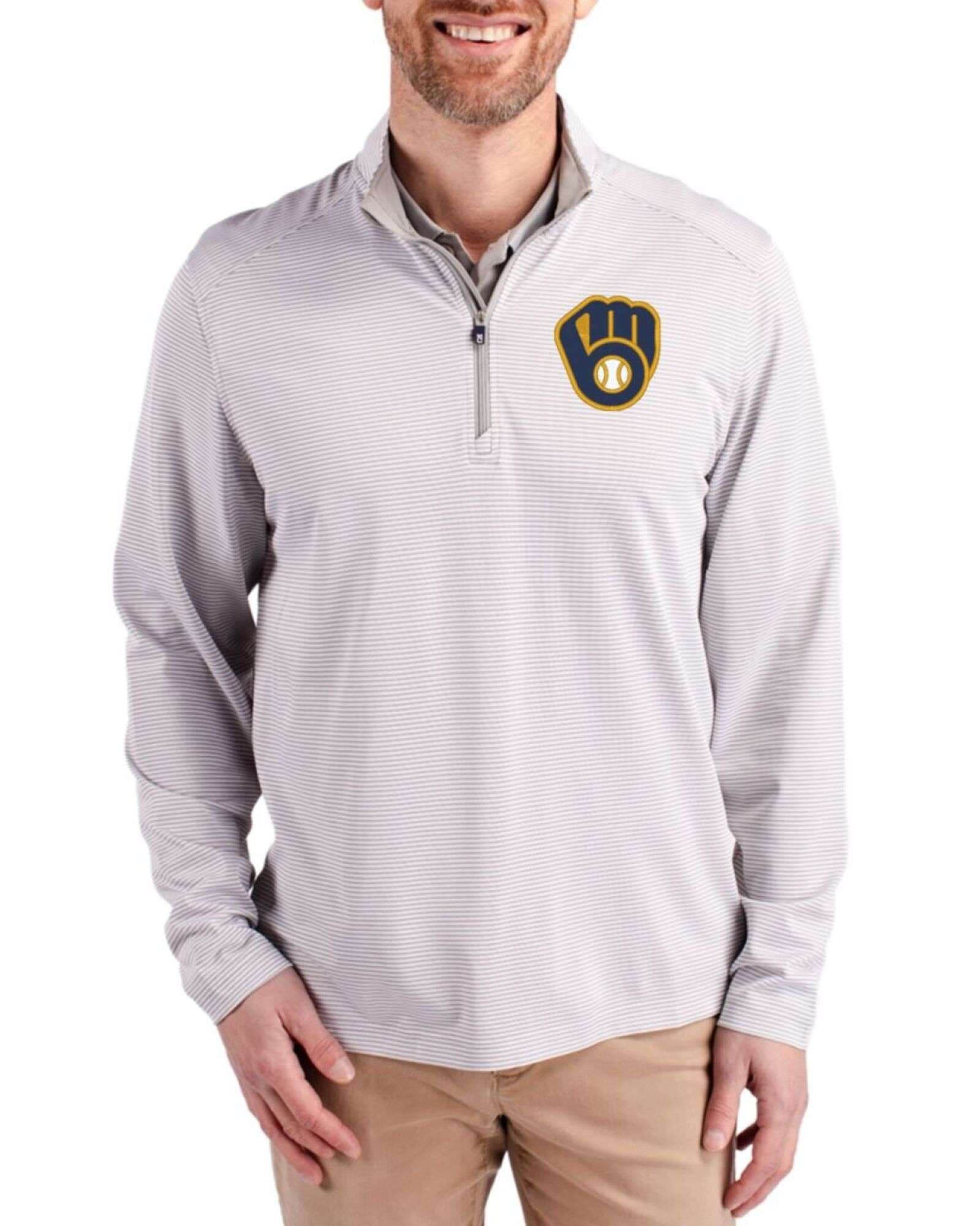 Men's Milwaukee Brewers Cutter & Buck Polished/White Virtue Micro Stripe Featherlight Pique Quarter Zip Pullover
