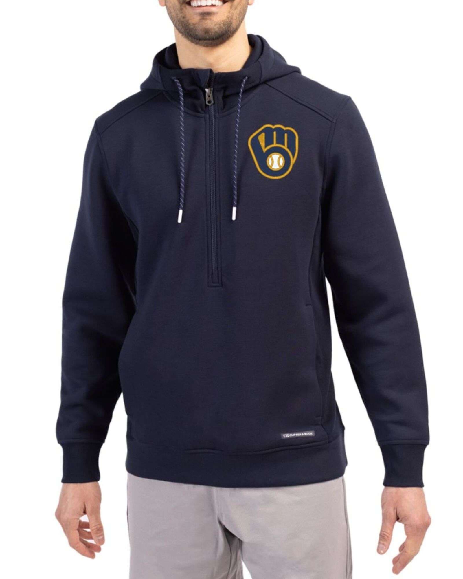 Men's Milwaukee Brewers Cutter & Buck Navy Blue Roam Buttery-Soft Knit Half Zip Hooded Pullover