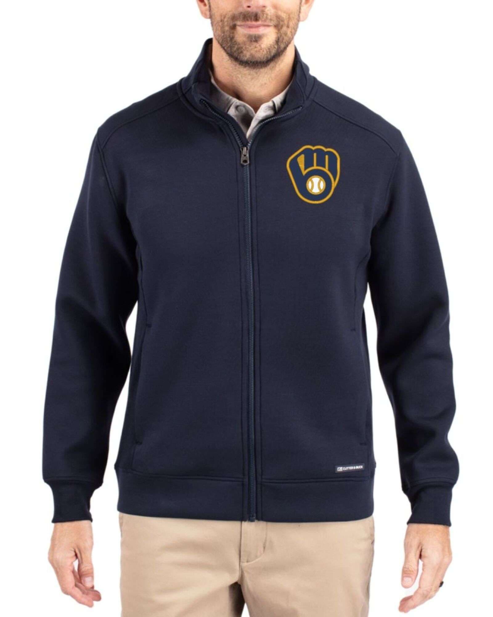Men's Milwaukee Brewers Cutter & Buck Navy Blue Roam Buttery-Soft Knit Full Zip Jacket