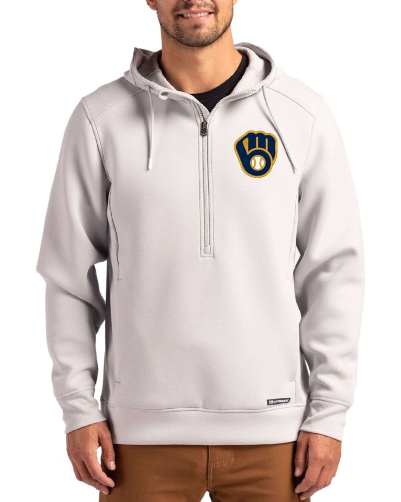 Men's Milwaukee Brewers Cutter & Buck Solitare Roam Buttery-Soft Knit Half Zip Hooded Pullover