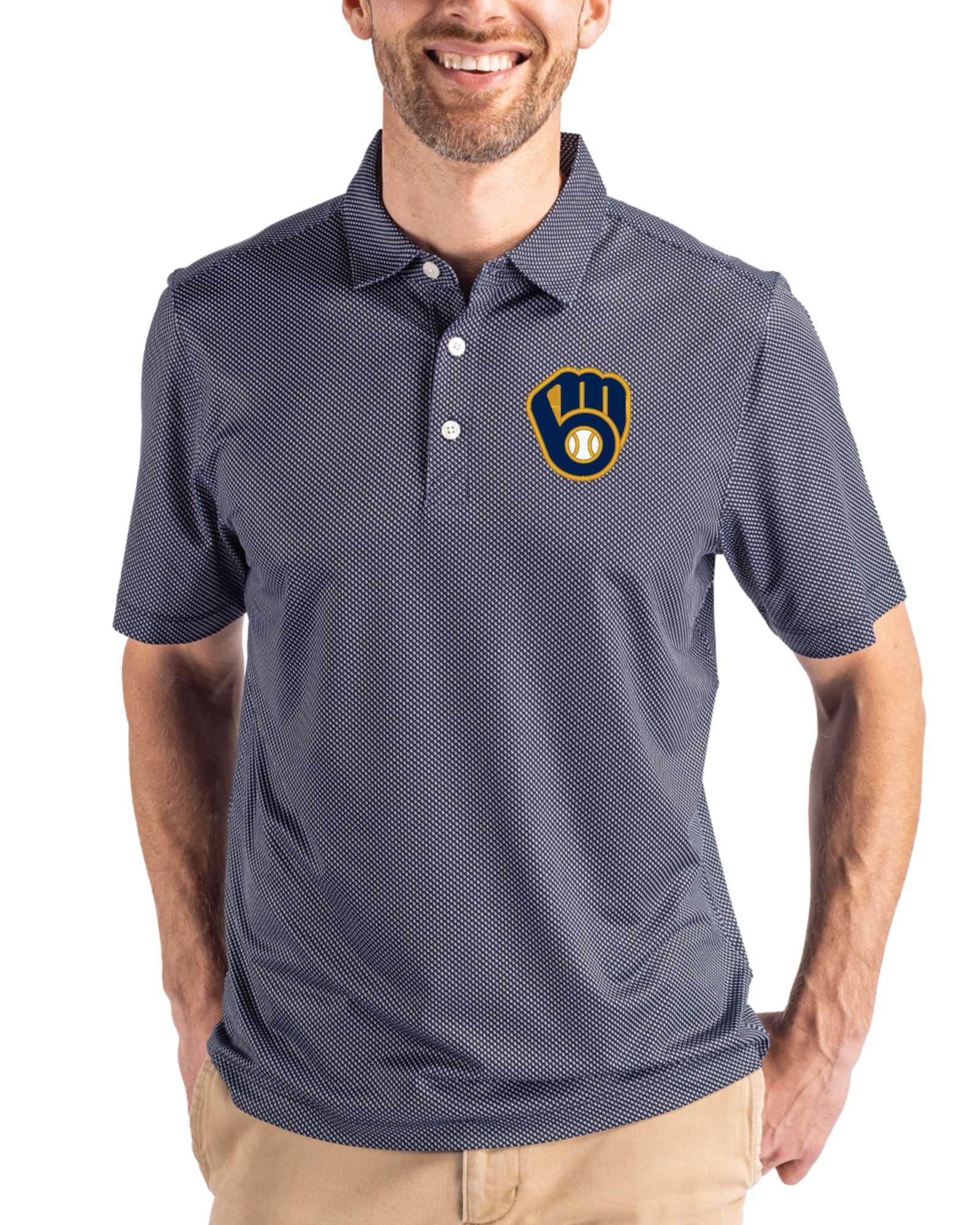 Men's Milwaukee Brewers Cutter & Buck Navy Blue/White Pike Symmetry Print Polo