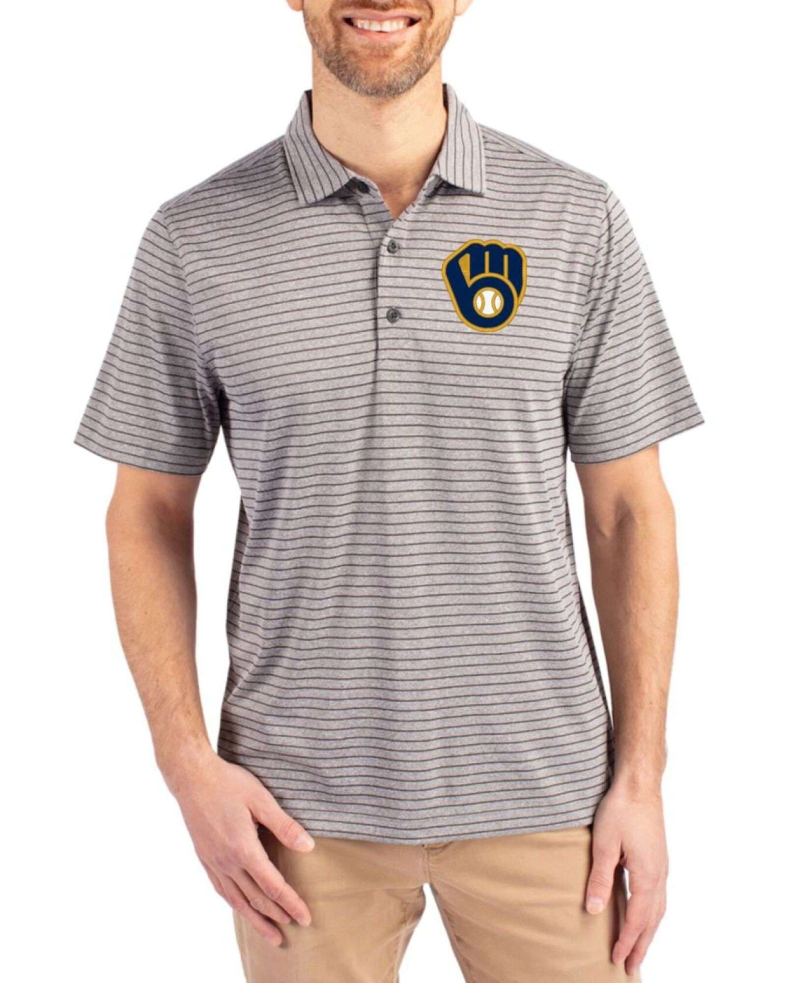 Men's Milwaukee Brewers Cutter & Buck Elemental Grey Heather Forge Heather Stripe Four-Way Stretch Polo