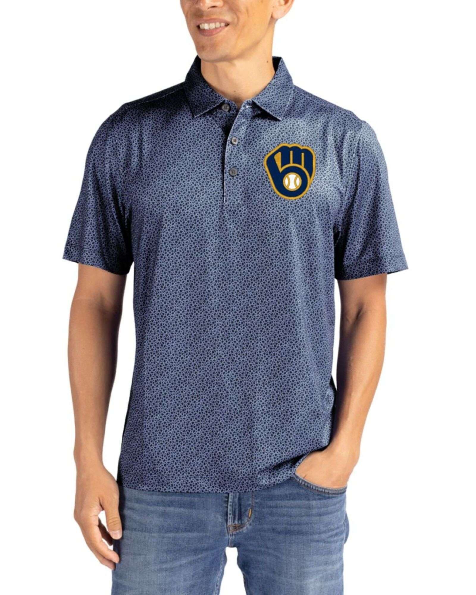 Men's Milwaukee Brewers Cutter & Buck Navy Blue/White Pike Pebble Print Polo