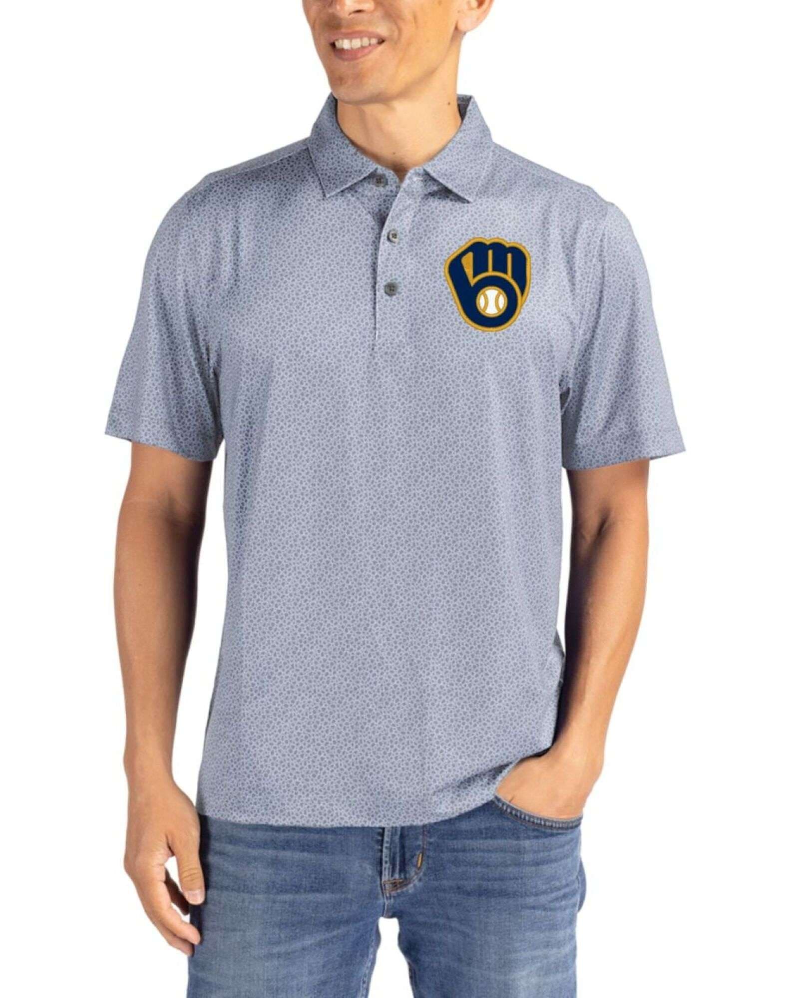 Men's Milwaukee Brewers Cutter & Buck Polished/White Pike Pebble Print Polo