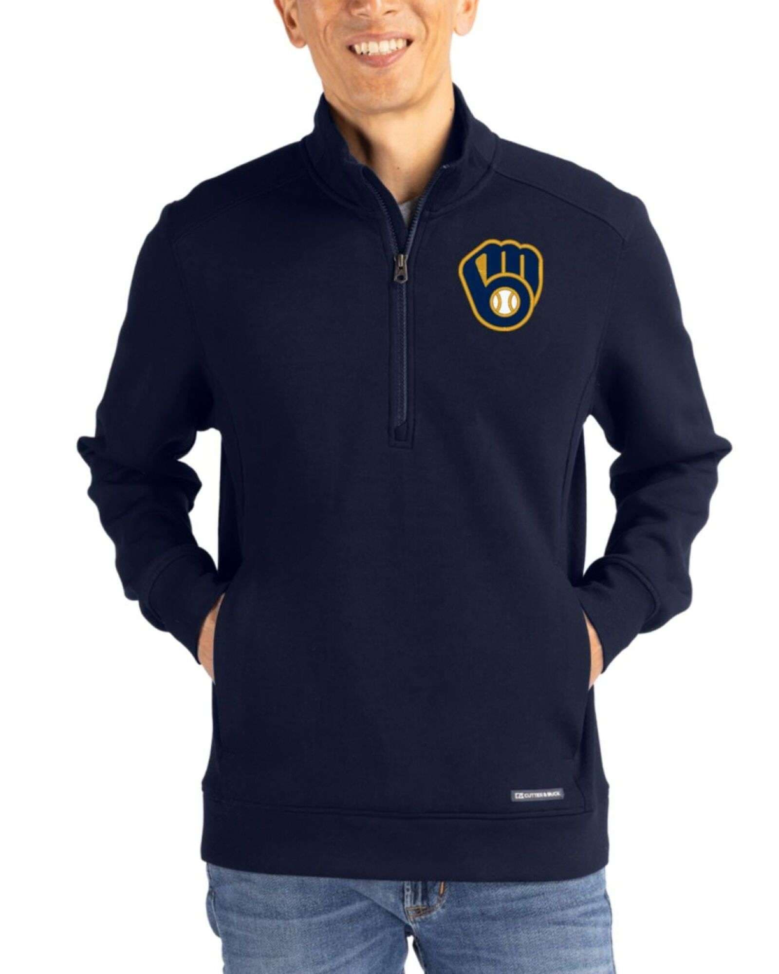Men's Milwaukee Brewers Cutter & Buck Navy Blue Roam Buttery-Soft Knit Quarter Zip Jacket