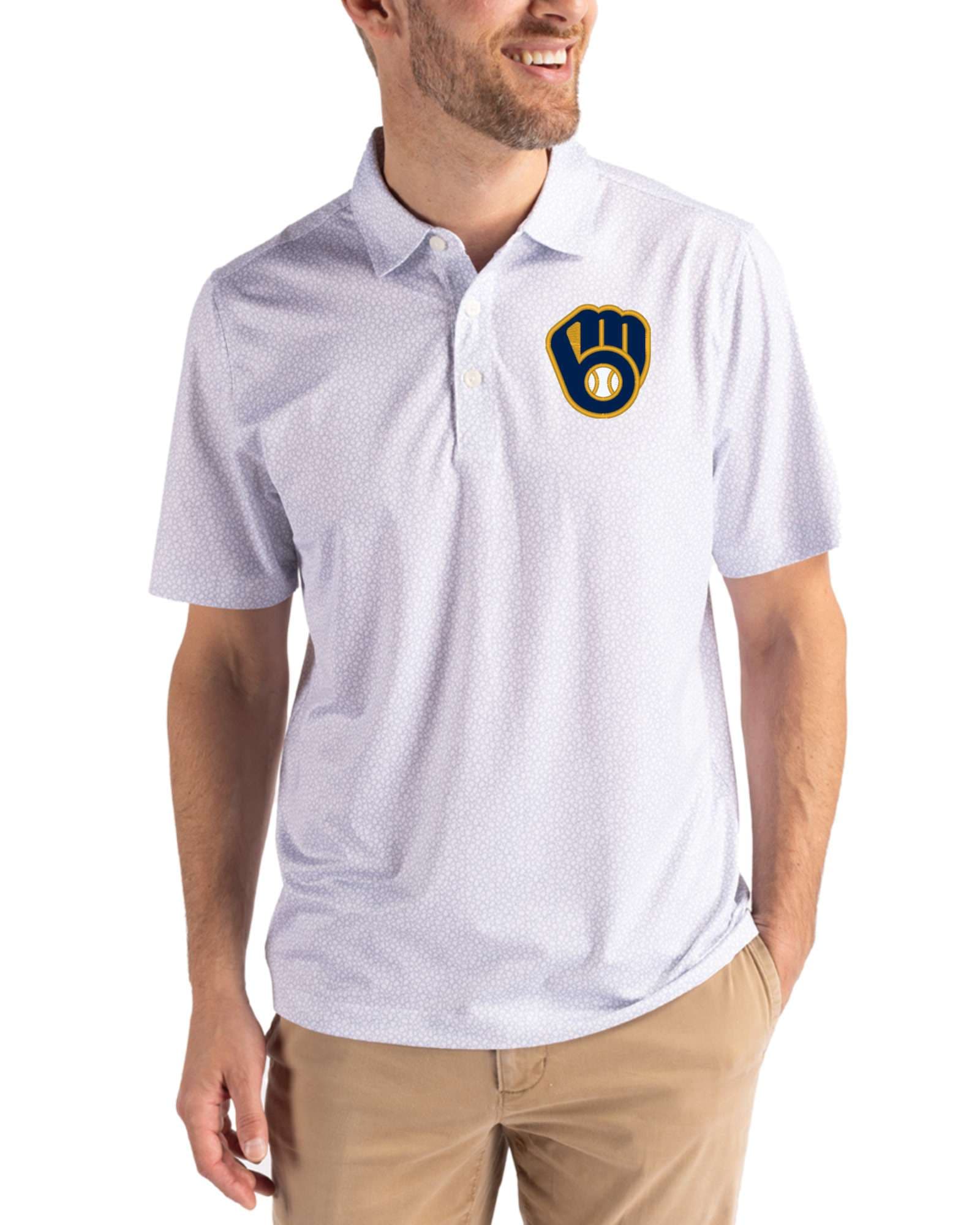 Men's Milwaukee Brewers Cutter & Buck White Pike Pebble Print Polo