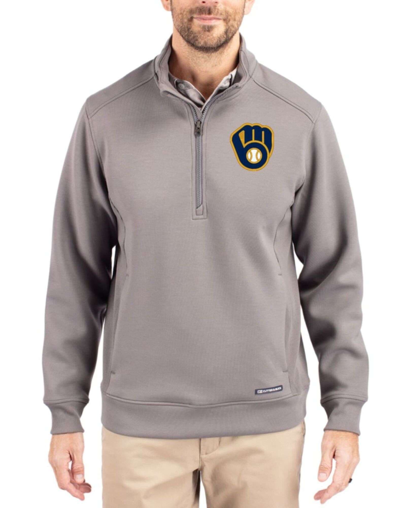 Men's Milwaukee Brewers Cutter & Buck Elemental Grey Roam Buttery-Soft Knit Quarter Zip Jacket