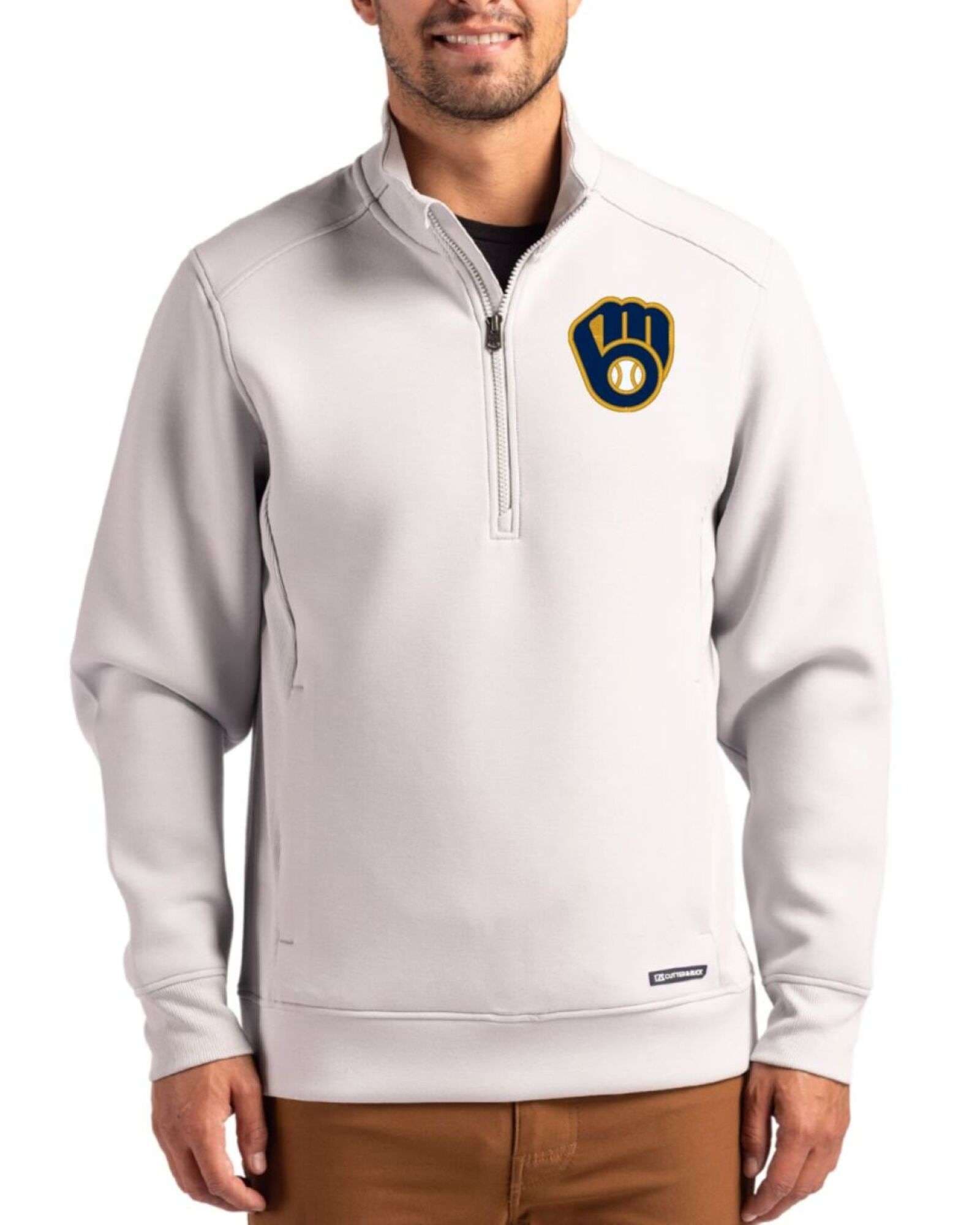 Men's Milwaukee Brewers Cutter & Buck Solitare Roam Buttery-Soft Knit Quarter Zip Jacket