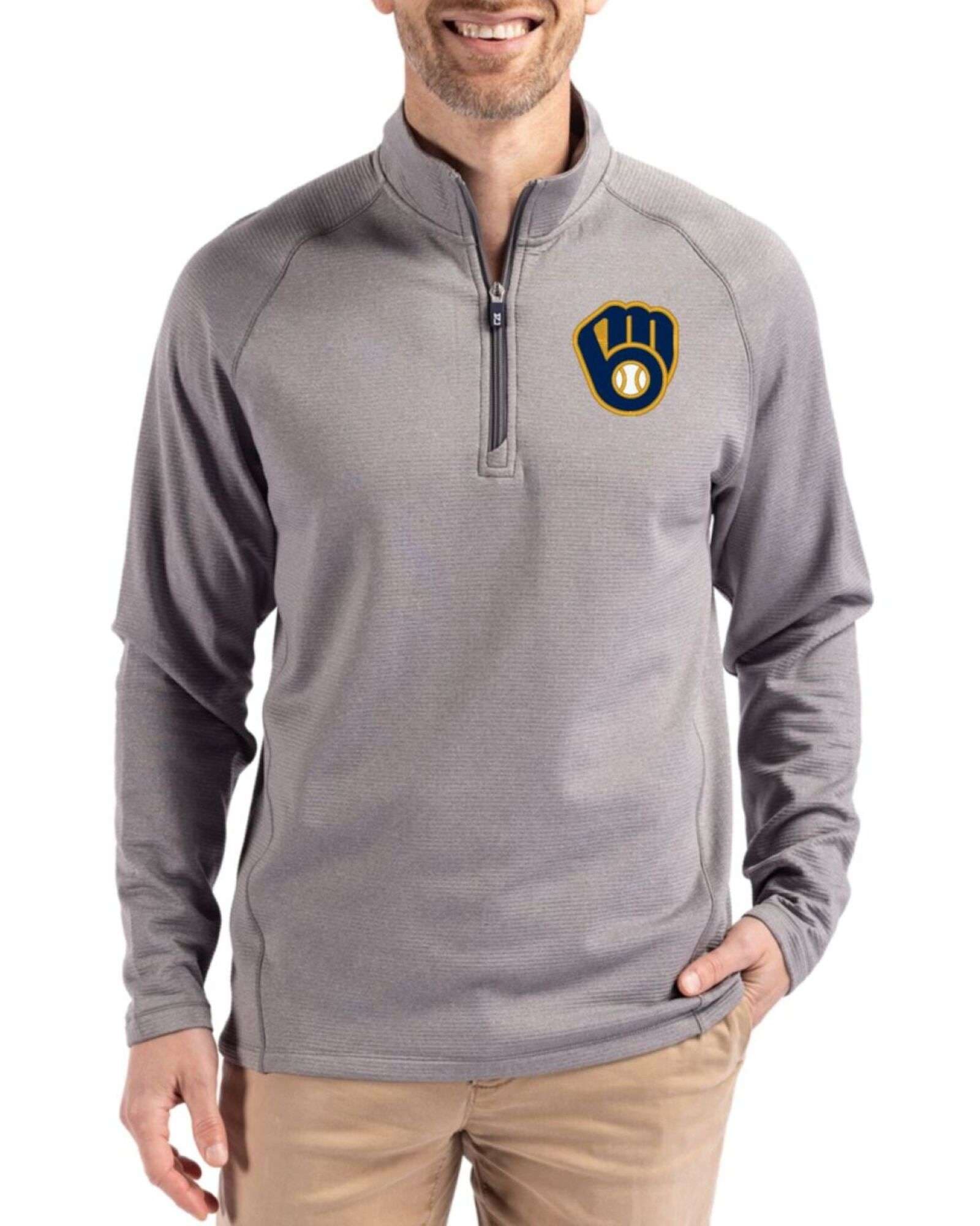 Men's Milwaukee Brewers Cutter & Buck Elemental Grey Heather Peshastin Epic Versatility Fleece Half Zip