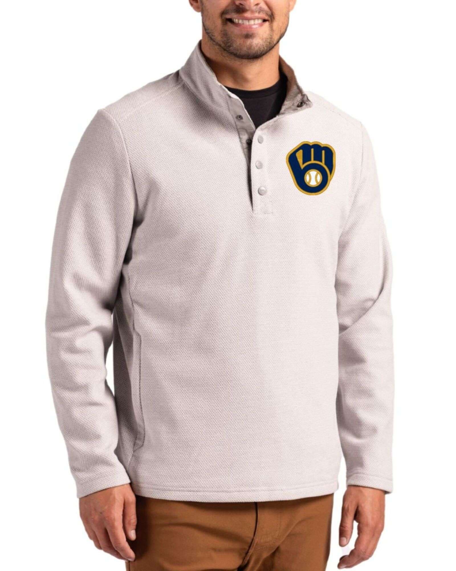 Men's Milwaukee Brewers Cutter & Buck Polished Hunts Point Fleece Hybrid Snap Placket Pullover