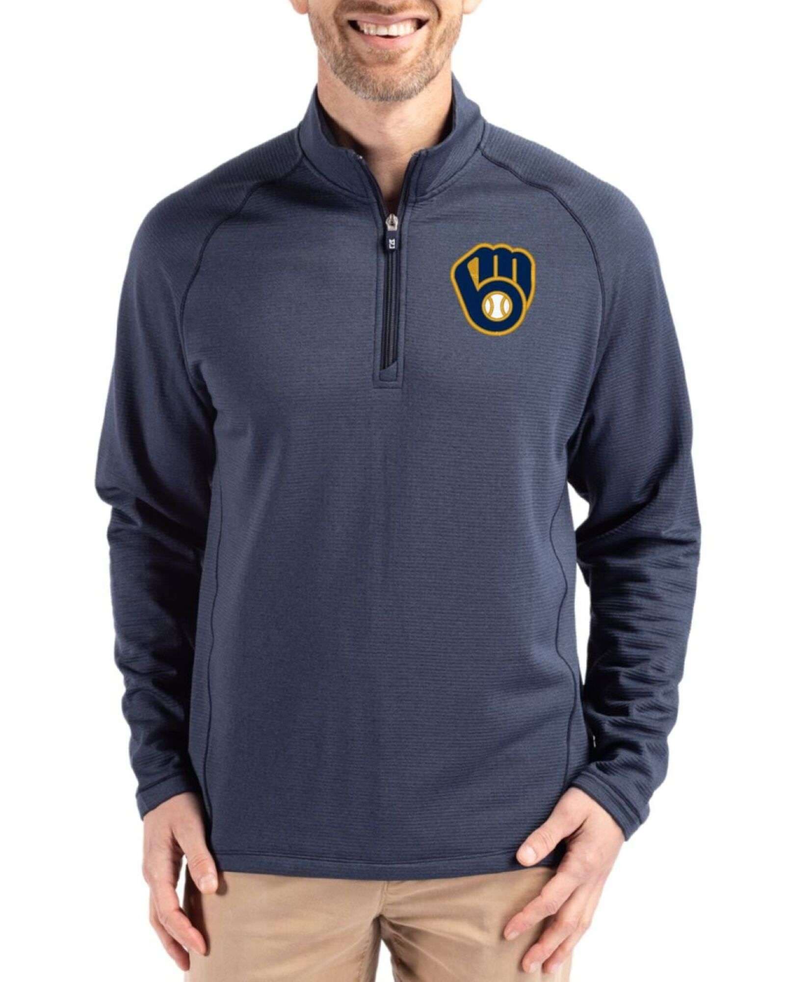 Men's Milwaukee Brewers Cutter & Buck Navy Blue Heather Peshastin Epic Versatility Fleece Half Zip