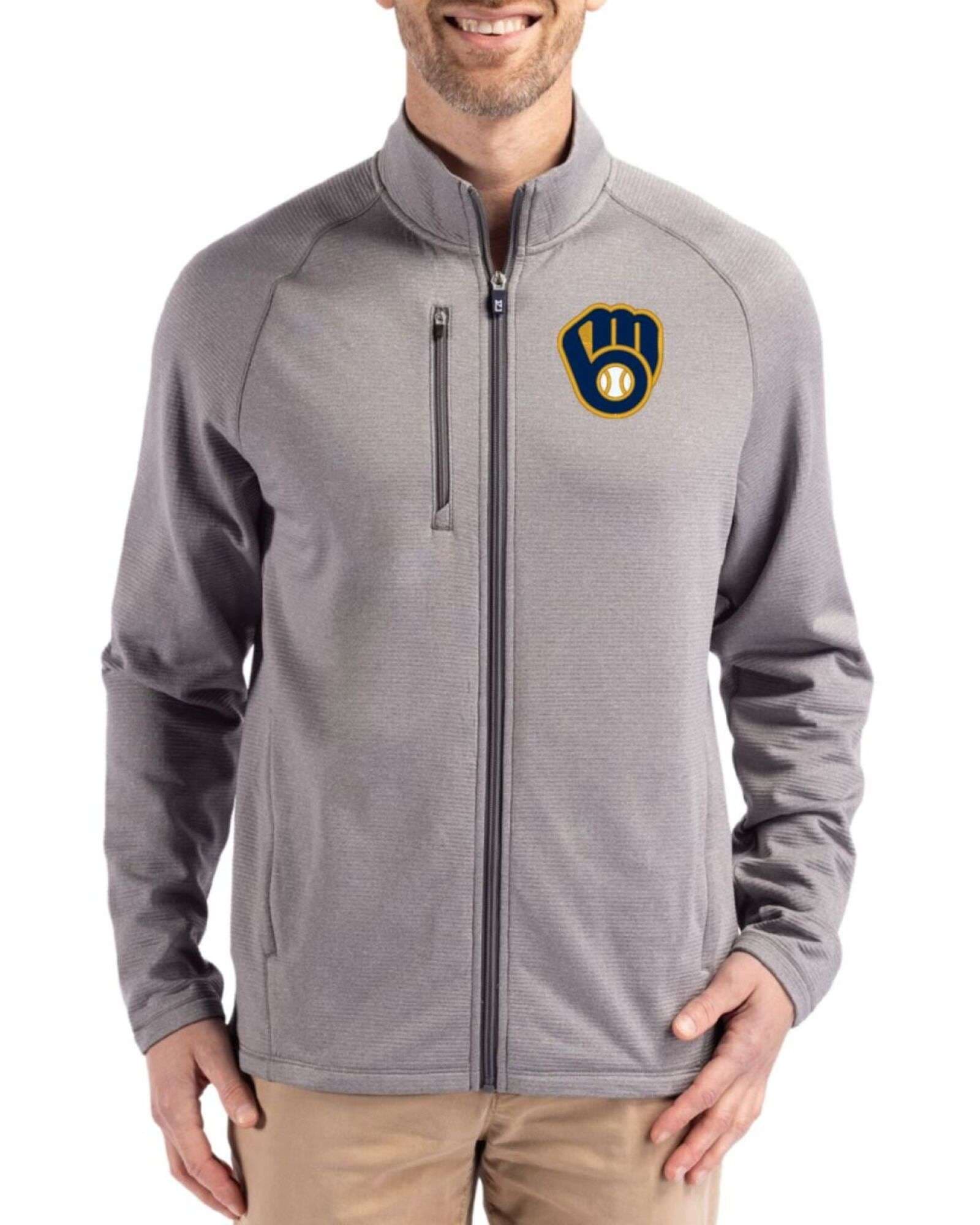 Men's Milwaukee Brewers Cutter & Buck Elemental Grey Heather Peshastin Epic Versatility Fleece Full Zip Jacket