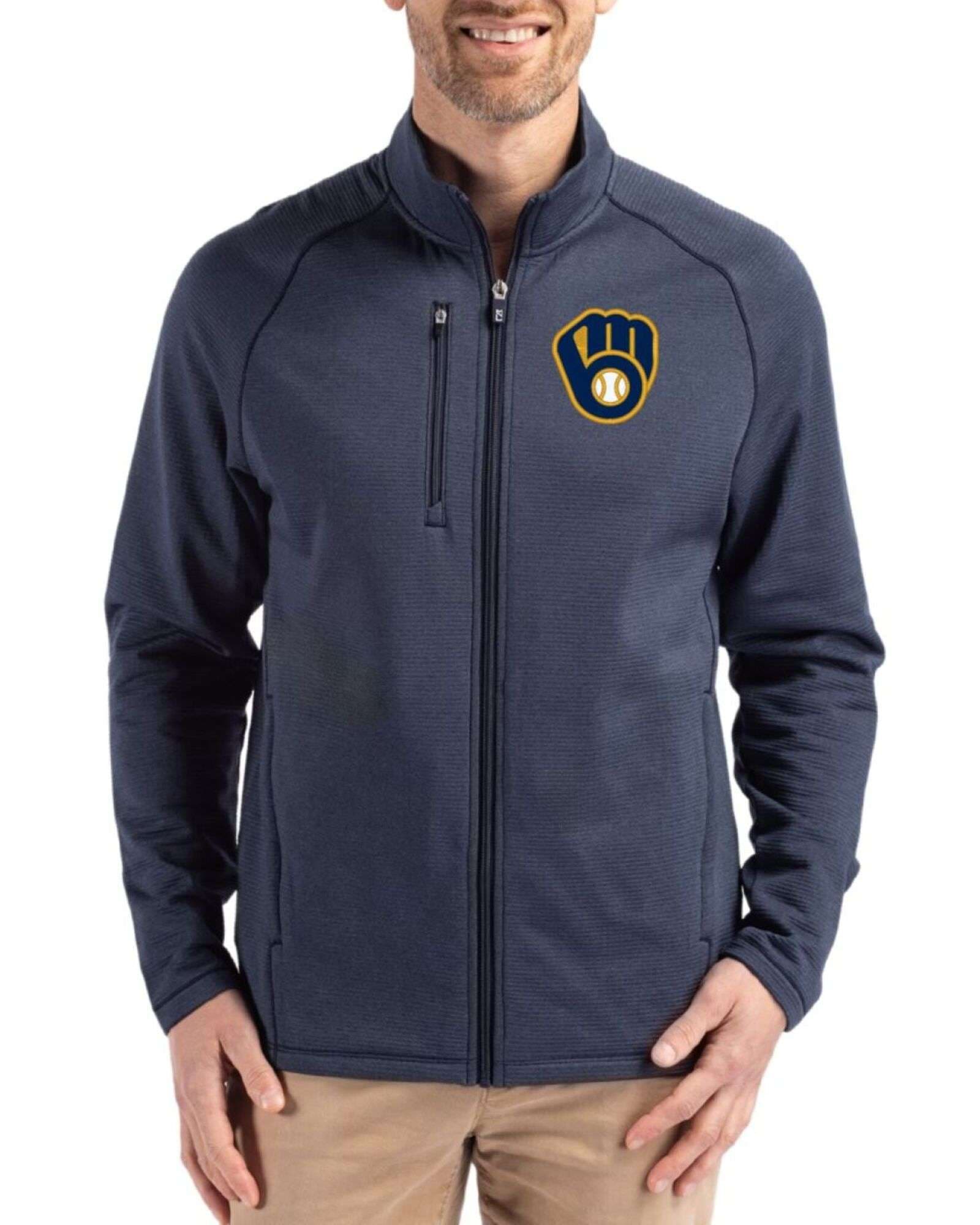 Men's Milwaukee Brewers Cutter & Buck Navy Blue Heather Peshastin Epic Versatility Fleece Full Zip Jacket