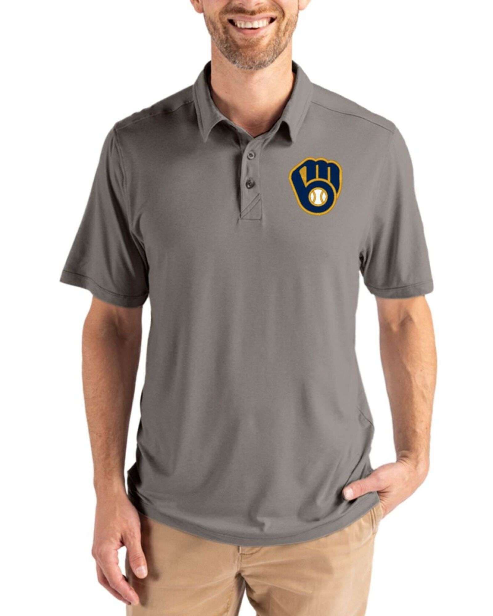 Men's Milwaukee Brewers Cutter & Buck Elemental Grey Coastline Double Peached Polo