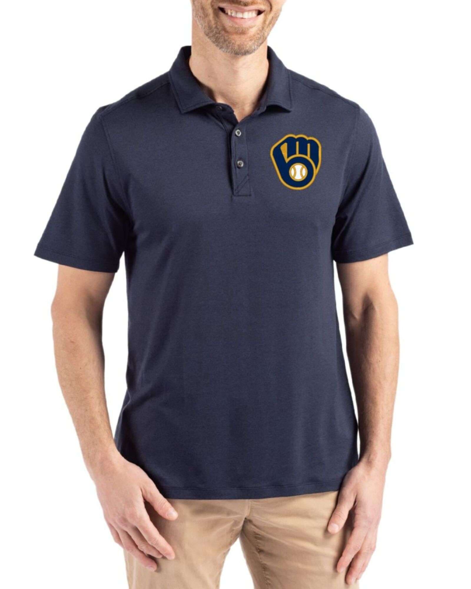 Men's Milwaukee Brewers Cutter & Buck Navy Blue Coastline Double Peached Polo