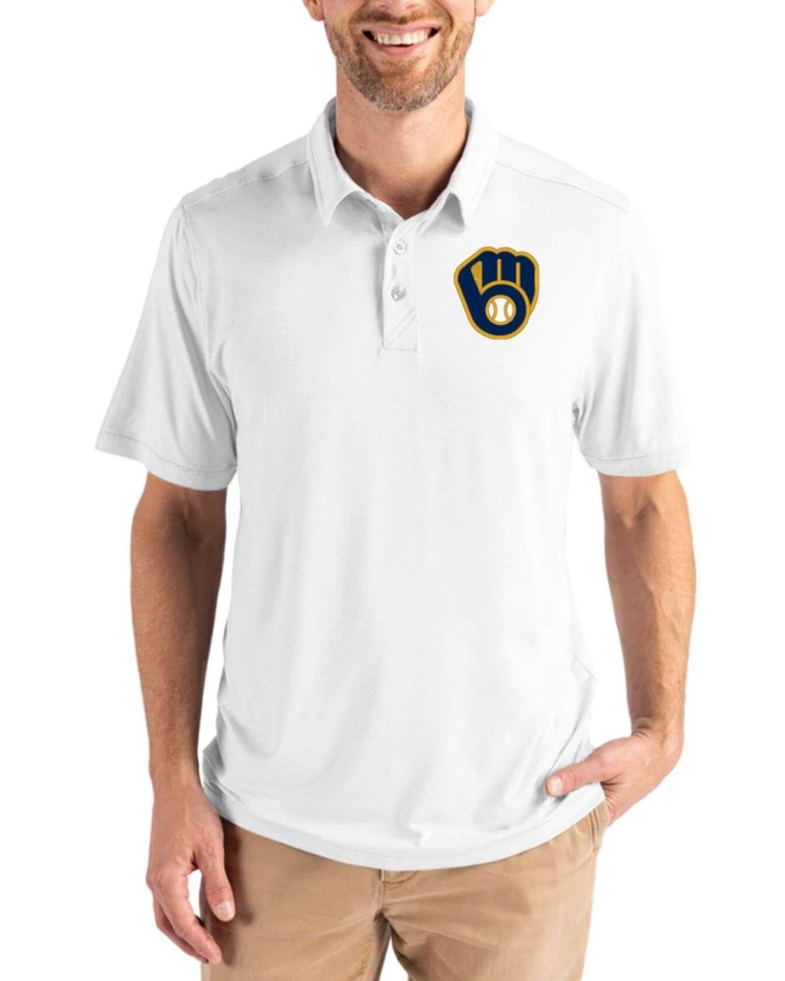 Men's Milwaukee Brewers Cutter & Buck White Coastline Double Peached Polo
