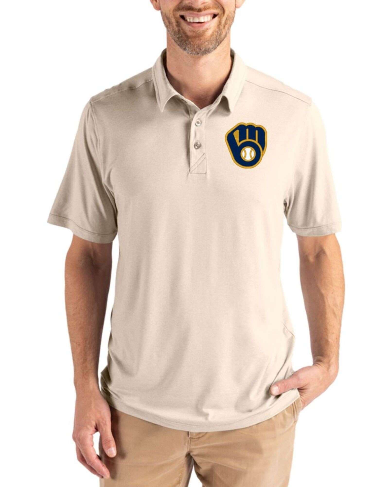 Men's Milwaukee Brewers Cutter & Buck Wheat Coastline Double Peached Polo