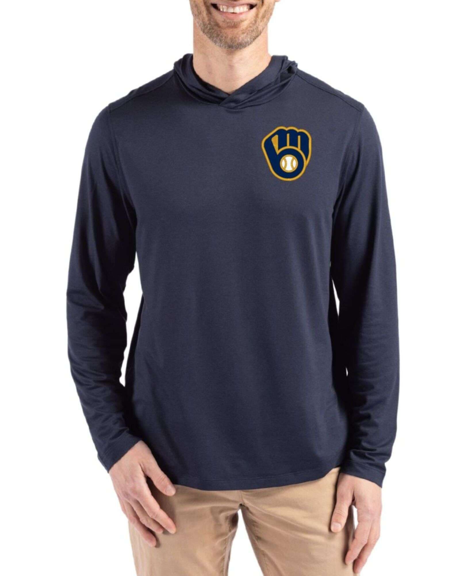 Men's Milwaukee Brewers Cutter & Buck Navy Blue Coastline Double Peached Hooded Pullover